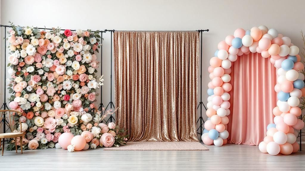 Happy couple posing in front of a wedding photo booth provided by a trusted vendor.