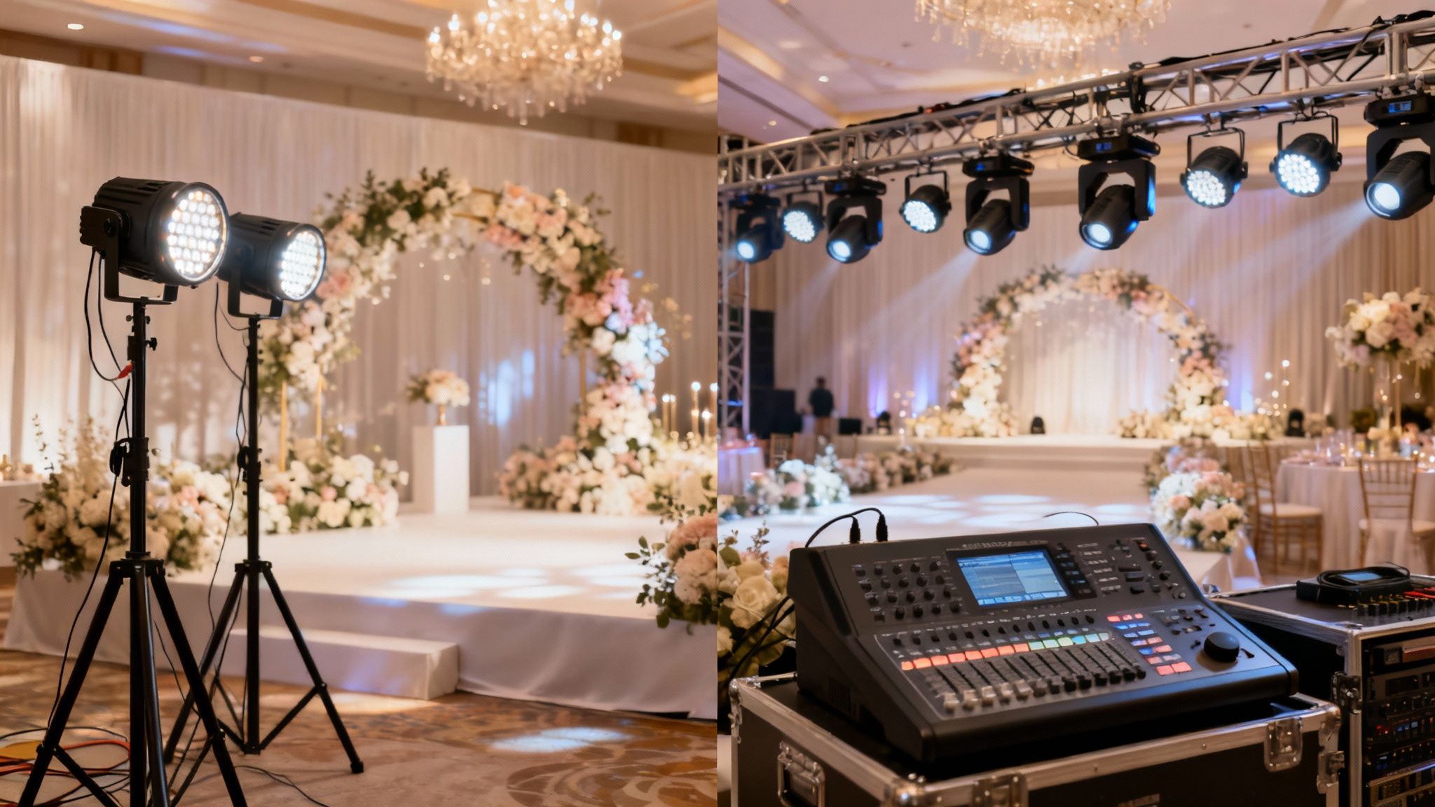 A professional DJ adjusts controls on a mixing board, with dynamic wedding lighting in the background.