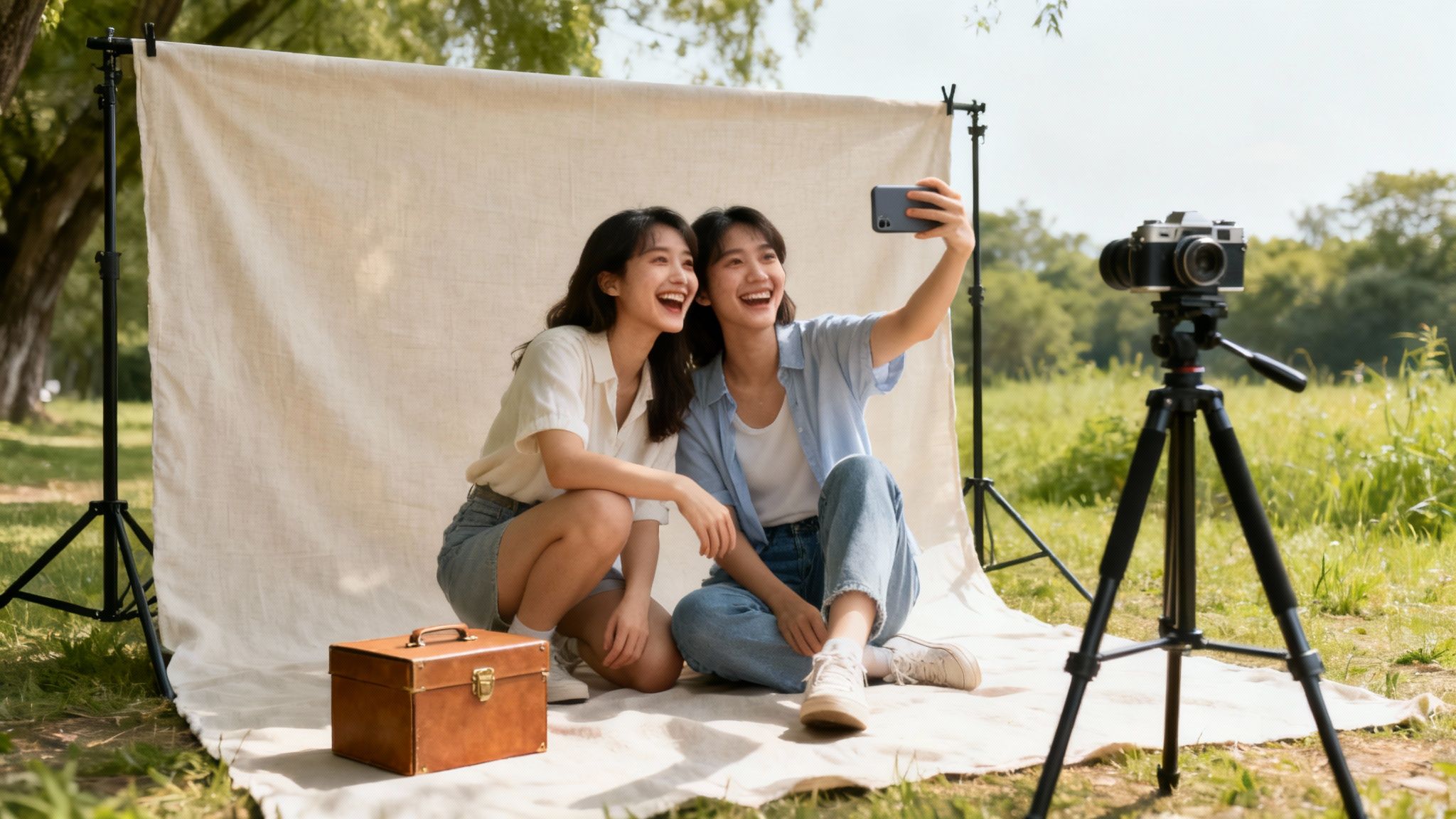 Two cheerful young women take a selfie outdoors in front of a white backdrop with a vintage camera.
