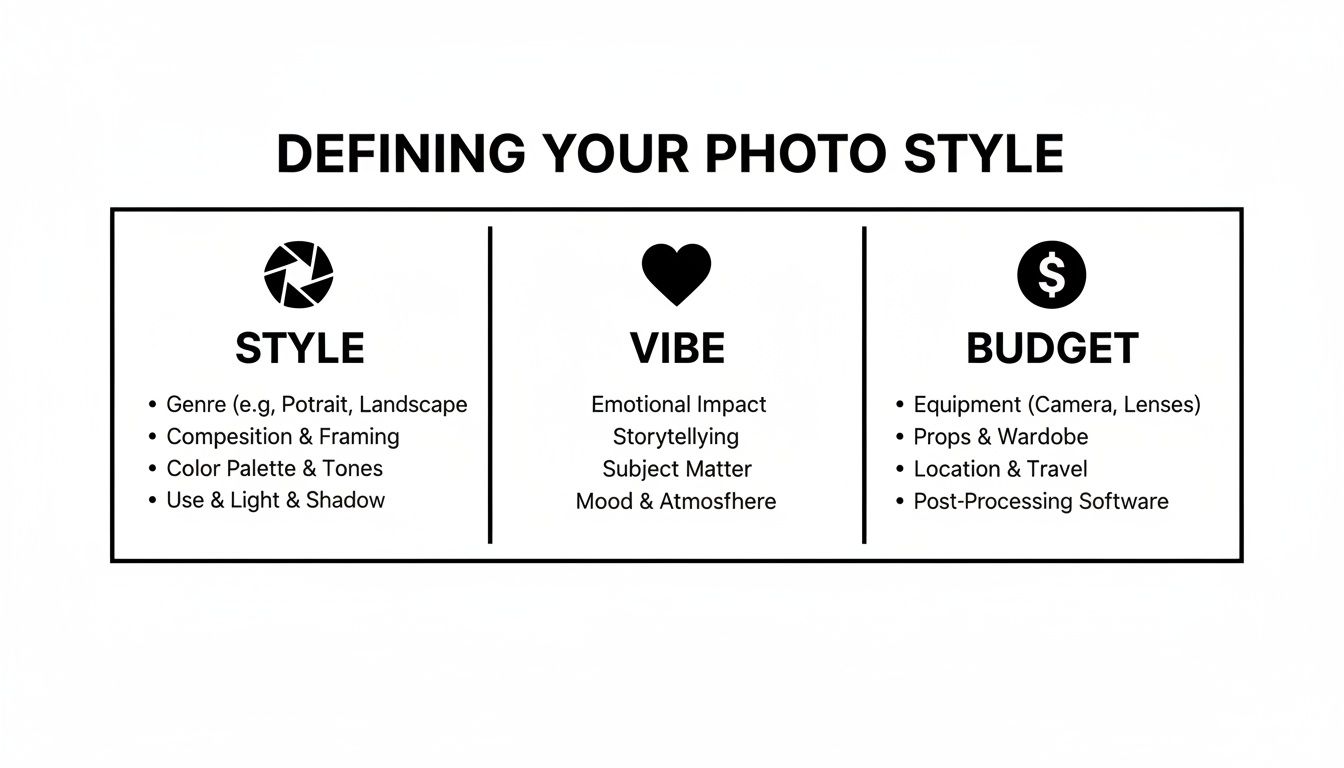 Infographic outlining Style, Vibe, and Budget as key elements for defining your photo style.