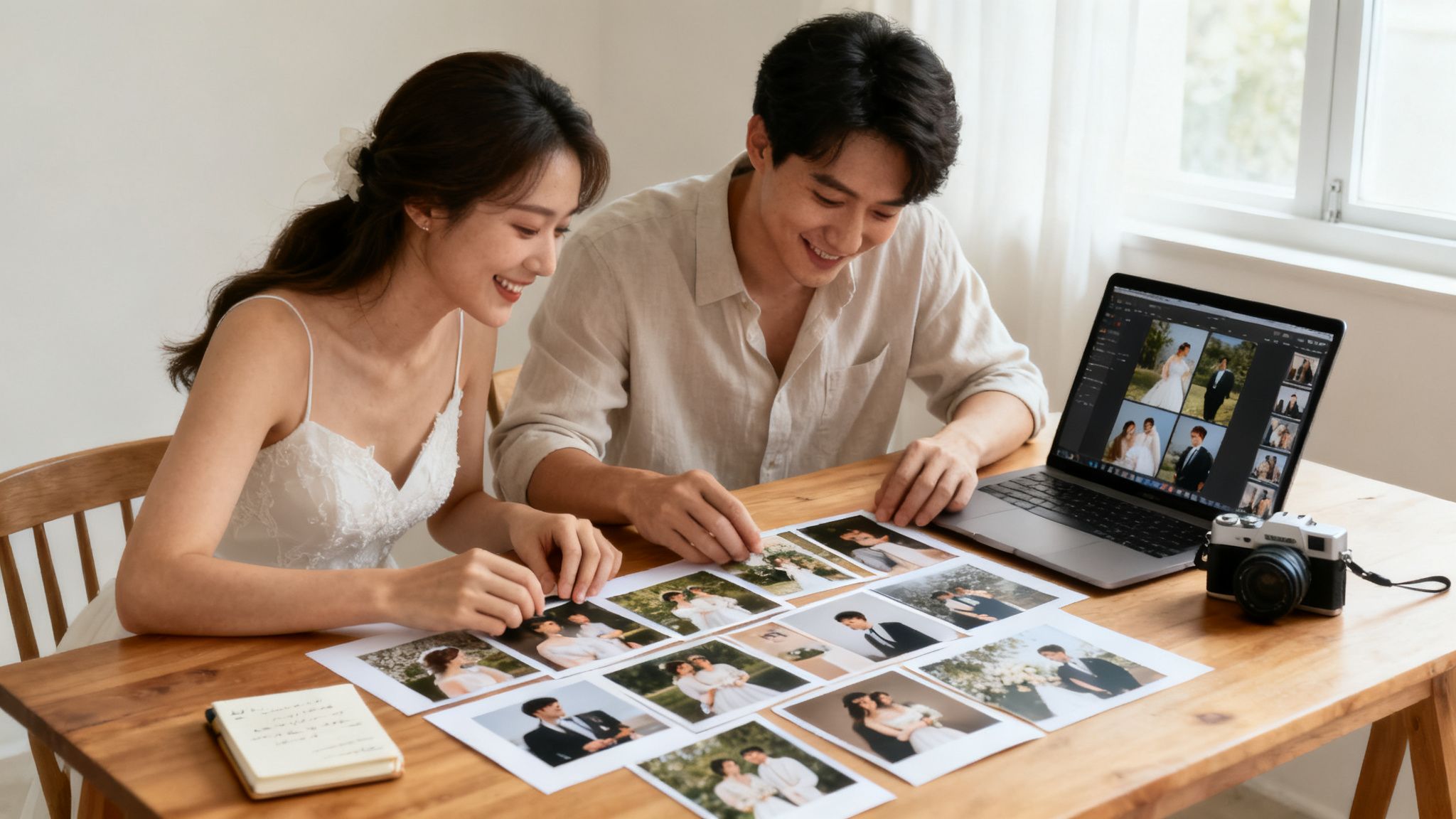 A smiling couple reviews printed wedding photos and digital images on a laptop at a table.