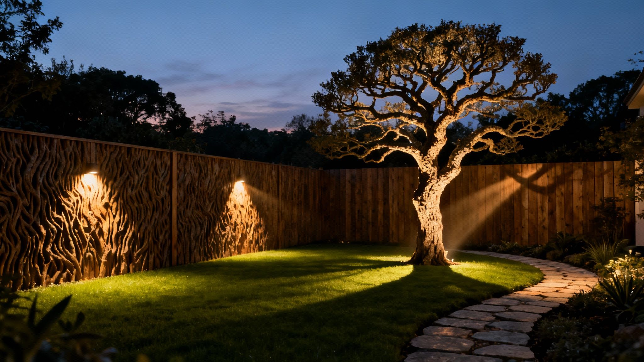A beautifully illuminated backyard at night with a large tree, stone path, and textured fences.
