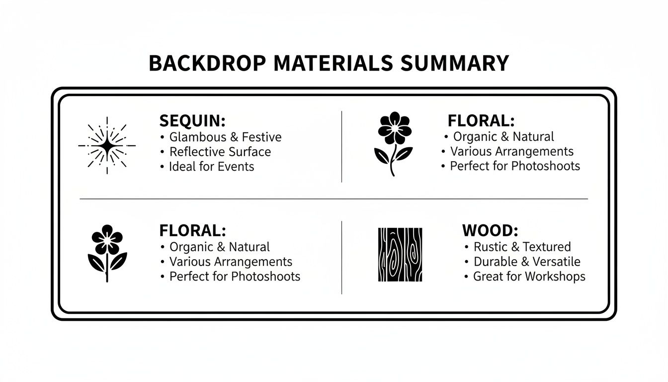A summary of backdrop materials including Sequin, Floral, and Wood, with descriptions for each.