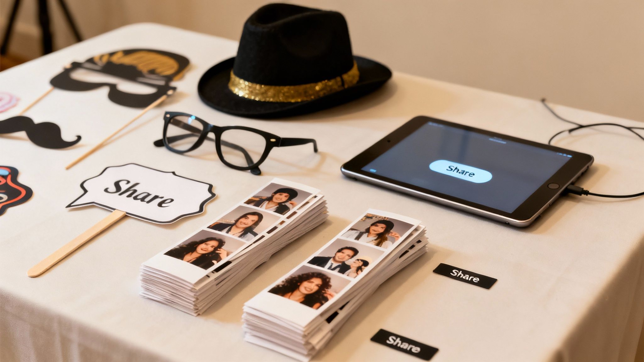 A table display for a photo booth with fun props, an iPad, and stacks of photo strips.