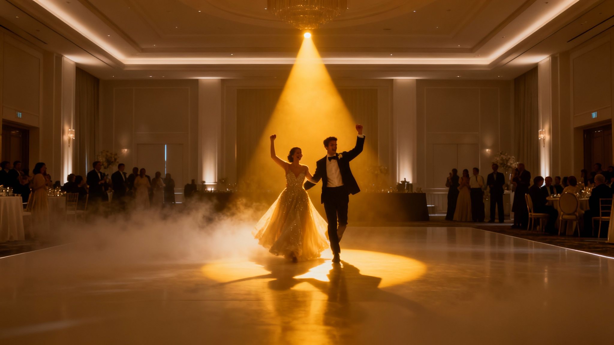 A newlywed couple joyfully dances in a spotlight amidst fog at their elegant wedding reception.