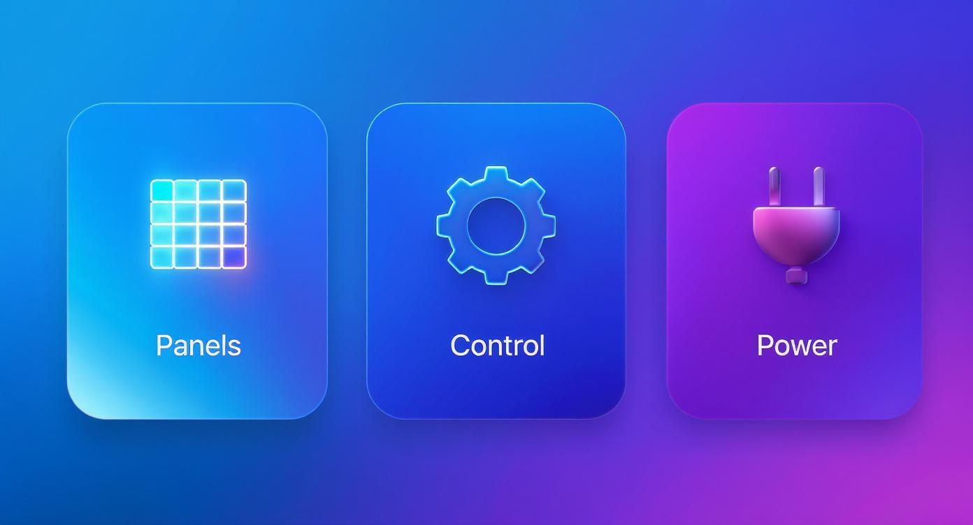 Three rounded cards with icons and text: Panels, Control, and Power, on a gradient background.