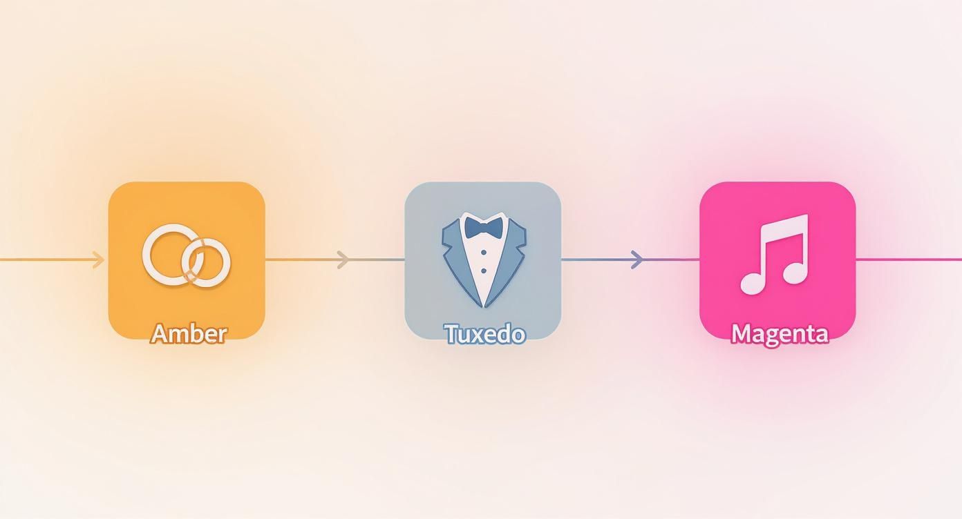 Three app icons: Amber (wedding rings), Tuxedo (suit), and Magenta (musical note), connected by arrows.