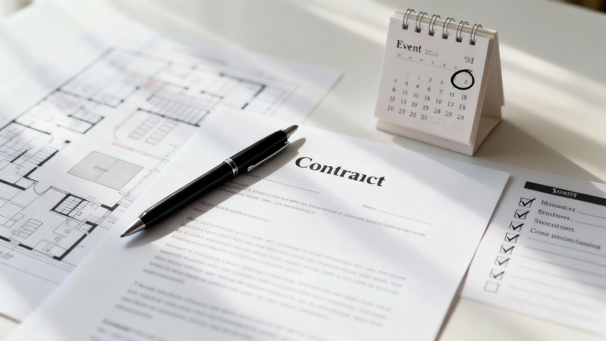 A pen rests on a contract document, alongside a blueprint, calendar, and checklist for business planning.