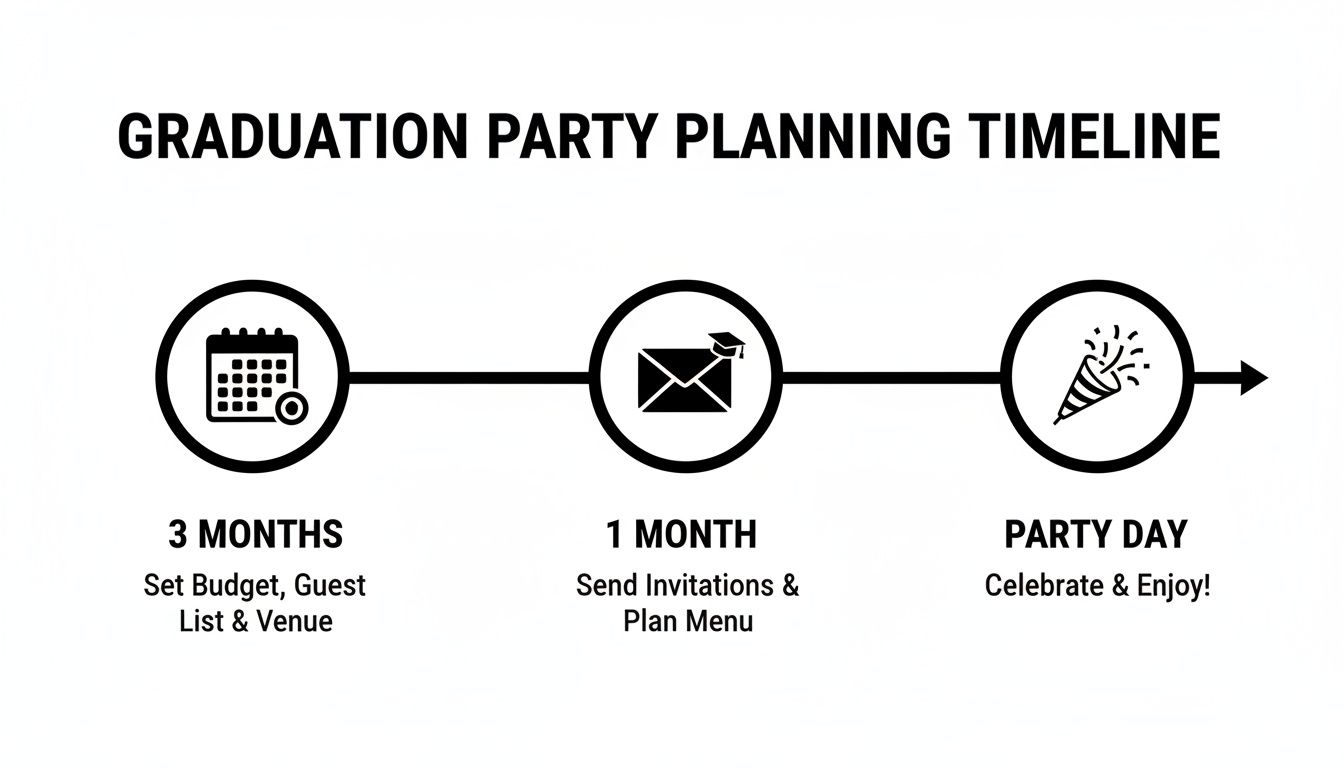 Graduation party planning timeline showing key steps at 3 months, 1 month, and on party day.