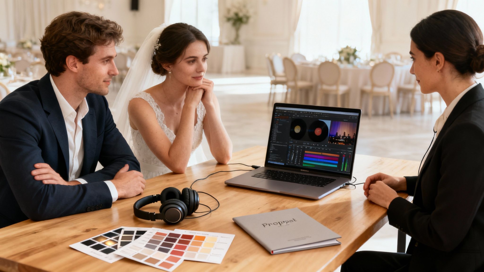 Bride and groom review their wedding video edits with a professional on a laptop.