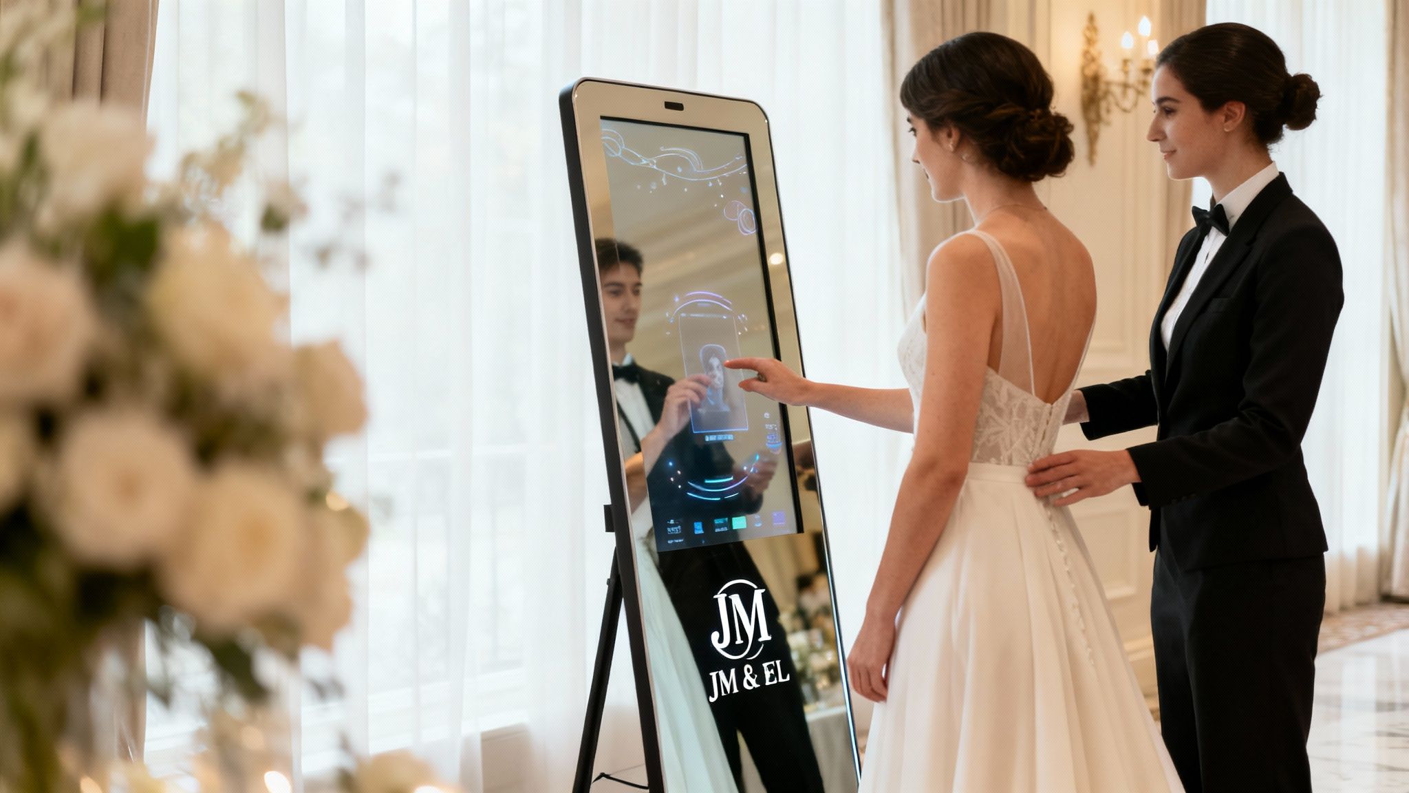 A bride in a white dress interacts with a smart mirror photo booth at a wedding, assisted by event staff.