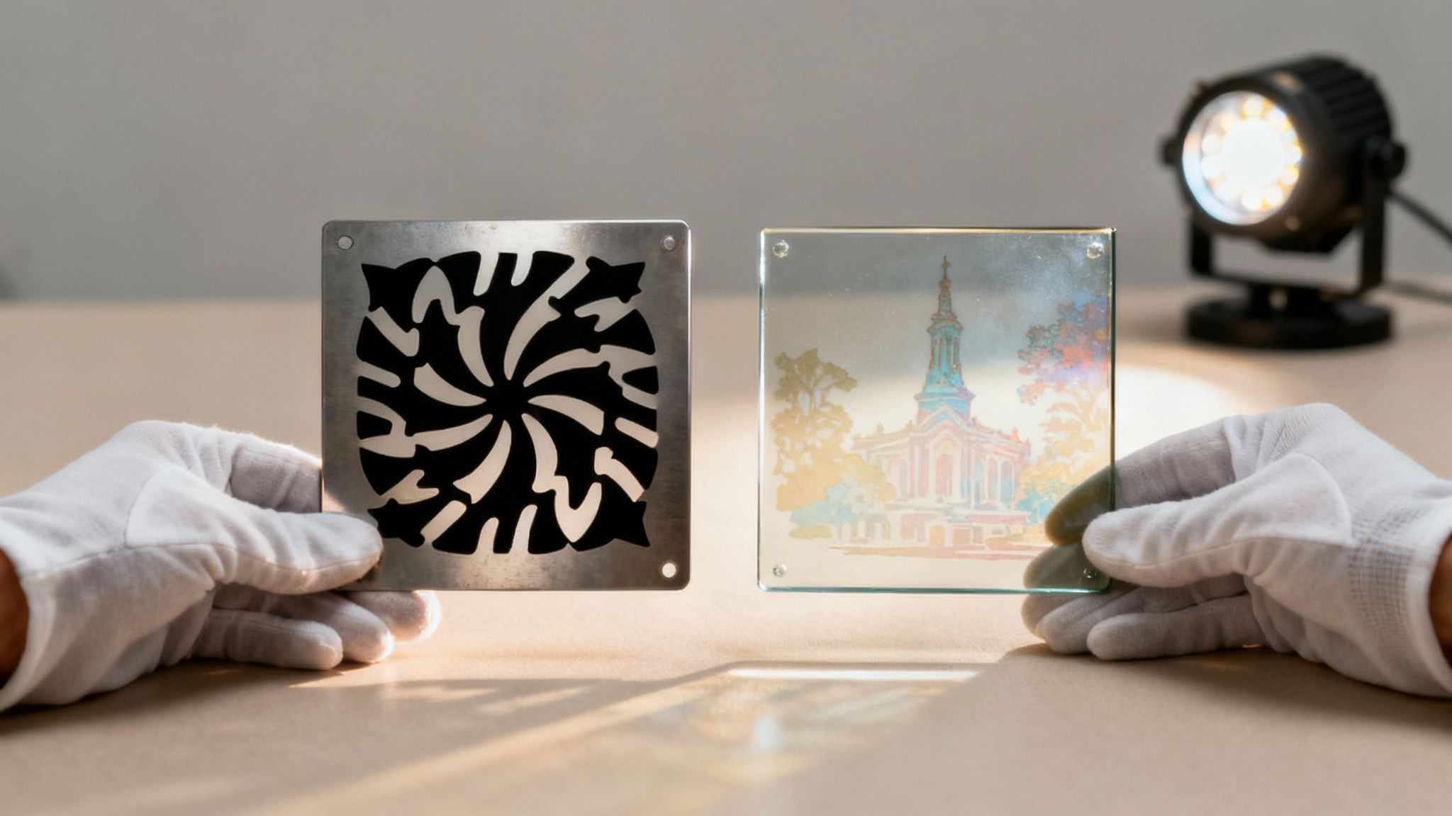 A full-color glass gobo projects a corporate logo onto a dark wall at an event.