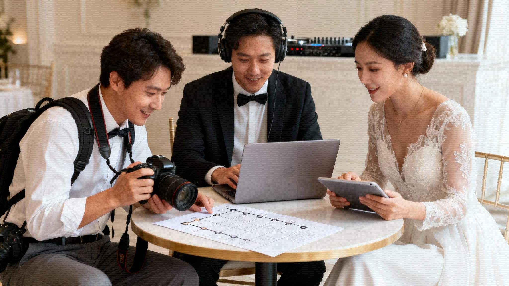 Wedding photographer, DJ, and bride discussing plans and timeline for a happy event.