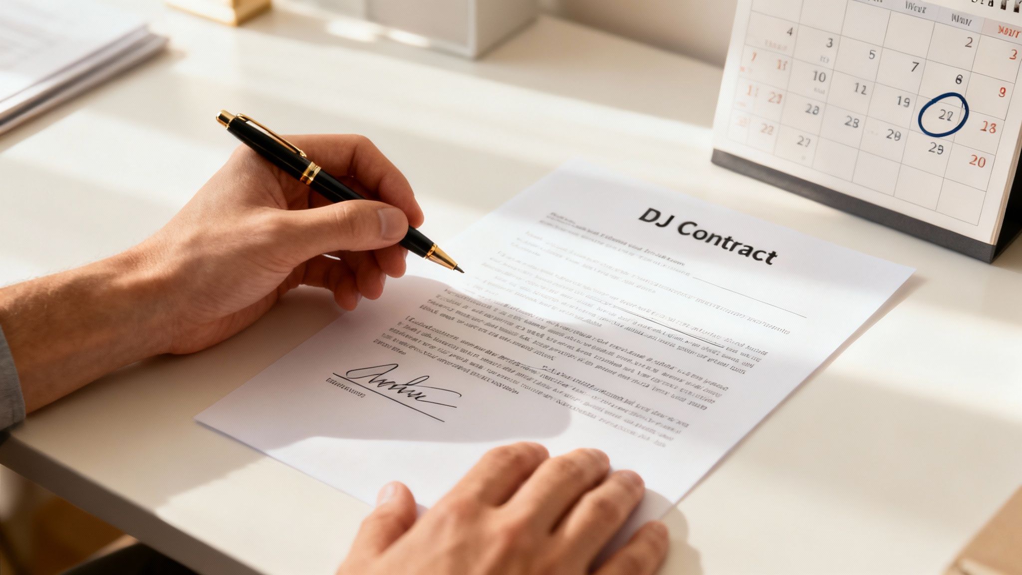 Person signing DJ contract with pen on desk next to calendar with circled date