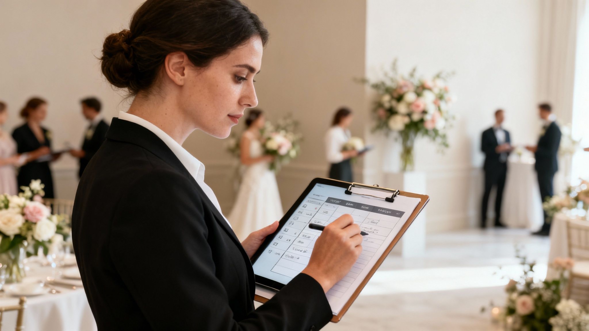 A female wedding coordinator reviews details on a clipboard at a stylish wedding reception.
