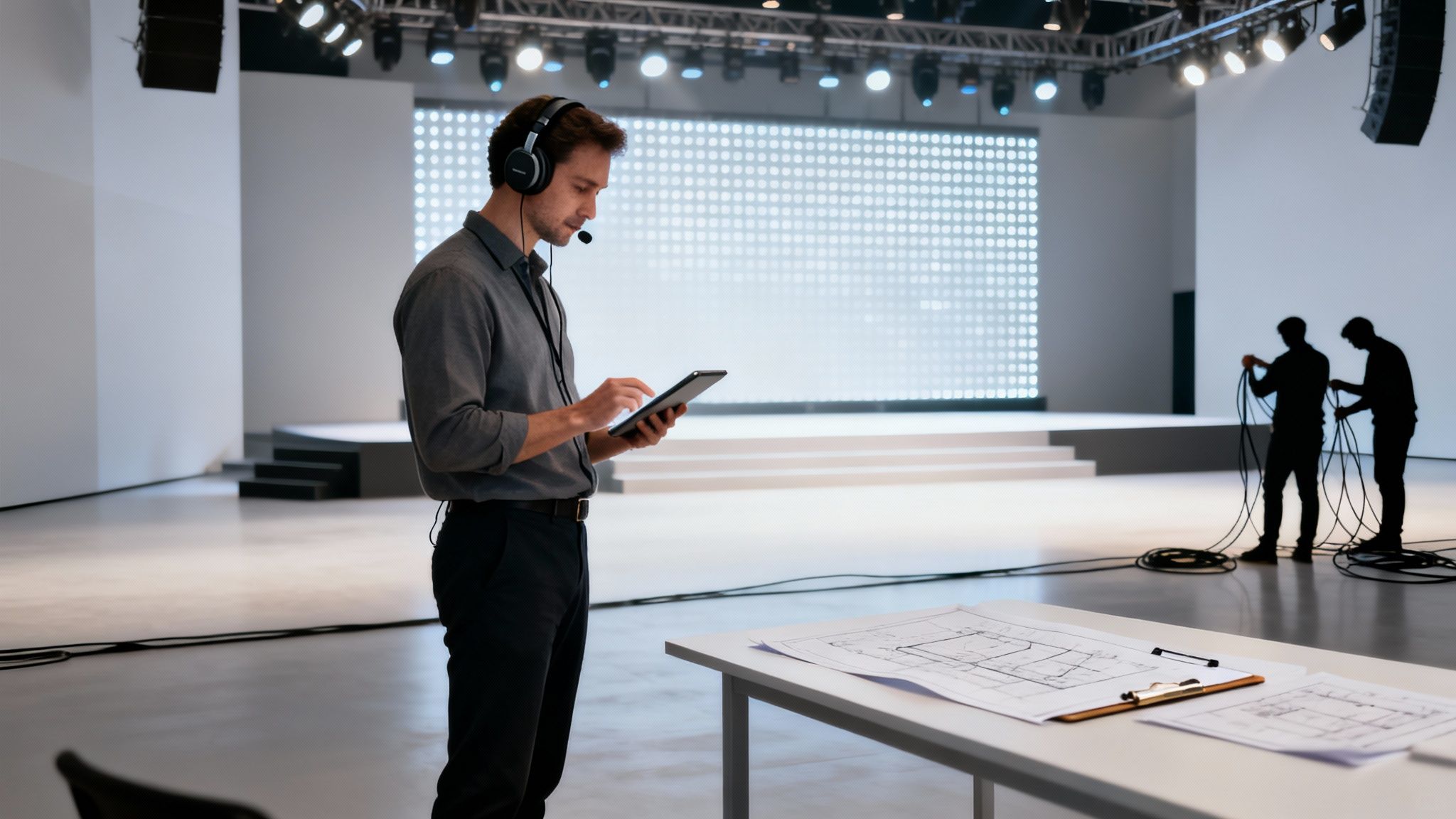 A man in headphones uses a tablet at an event venue during stage production setup.