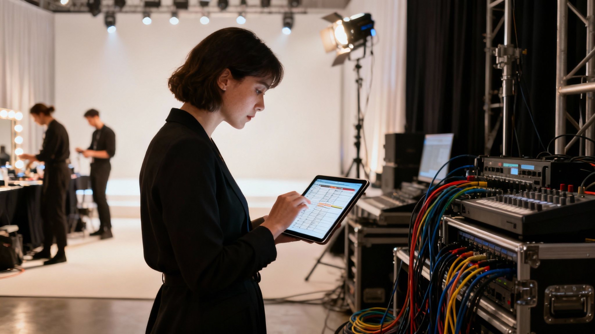Event production crew managing a corporate event's audiovisual setup