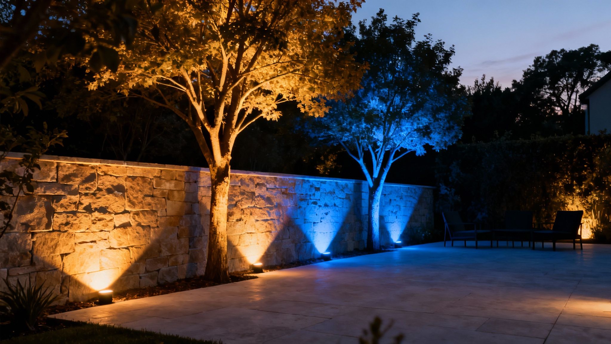 A beautifully lit backyard patio at dusk, with trees and a stone wall illuminated by warm orange and cool blue lights.