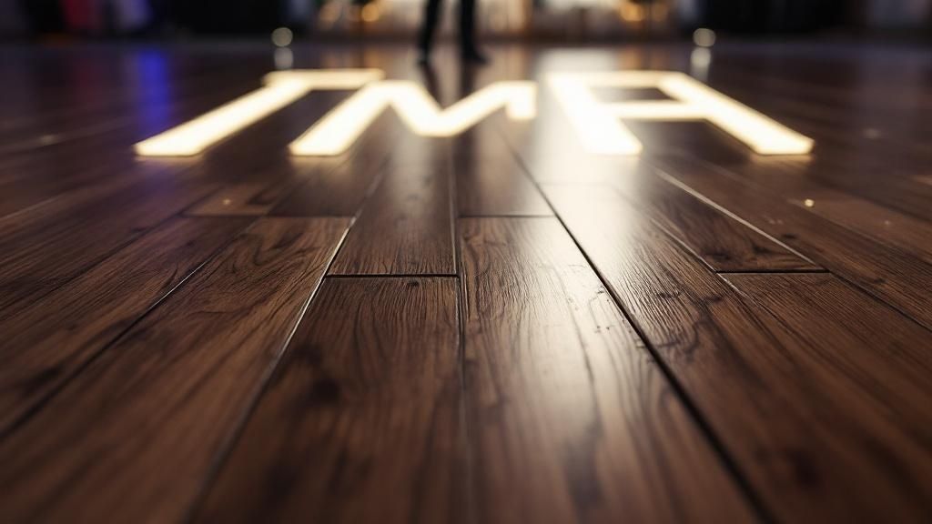 A monogram light projection on a dance floor during an event