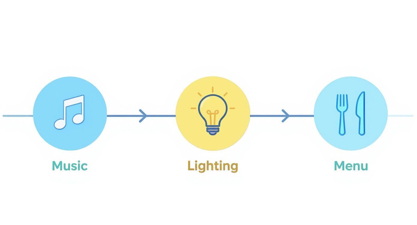 Three interconnected circles depicting Music, Lighting, and Menu, symbolizing key elements for an event or party.