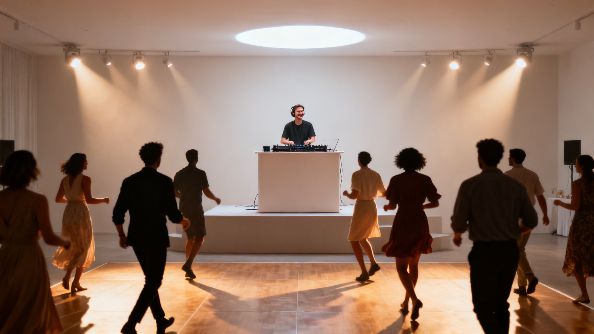 A DJ plays music on a stage while people dance on a wooden floor at a modern party.