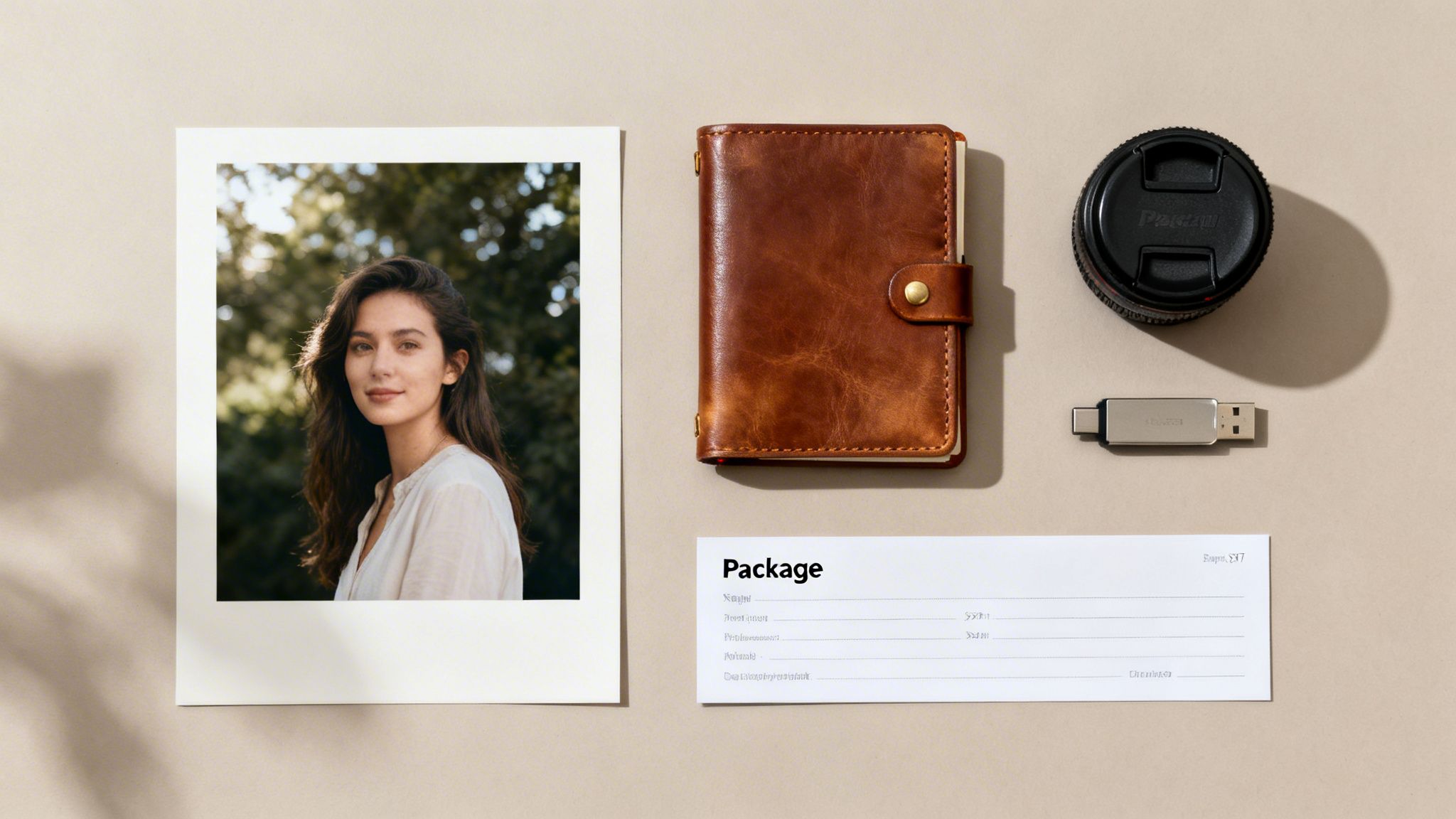 A flat lay of photography essentials: a polaroid portrait, leather notebook, lens cap, and USB drive.