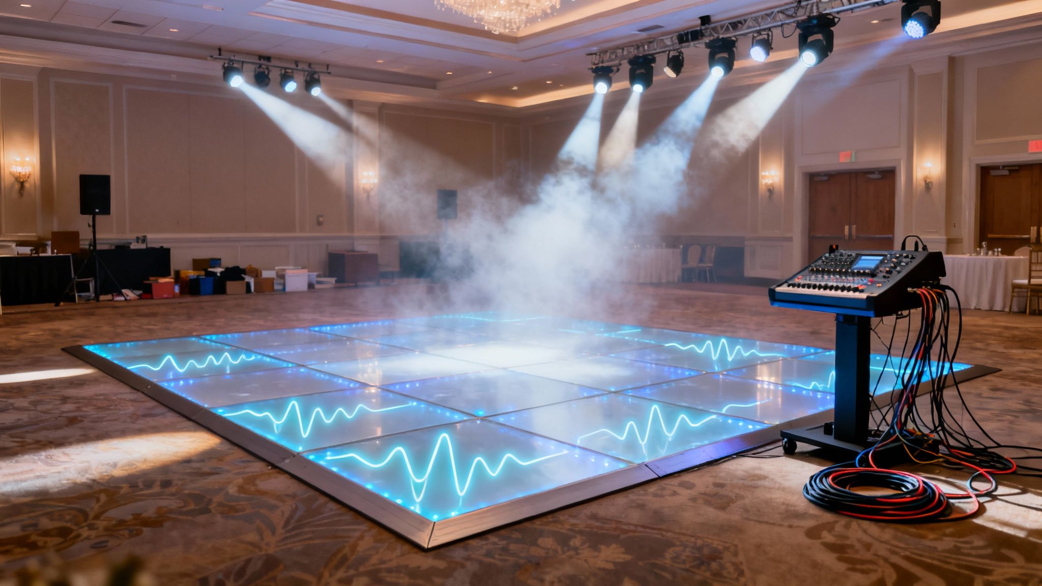 An empty ballroom featuring a glowing LED dance floor, stage lights, and a sound mixer.