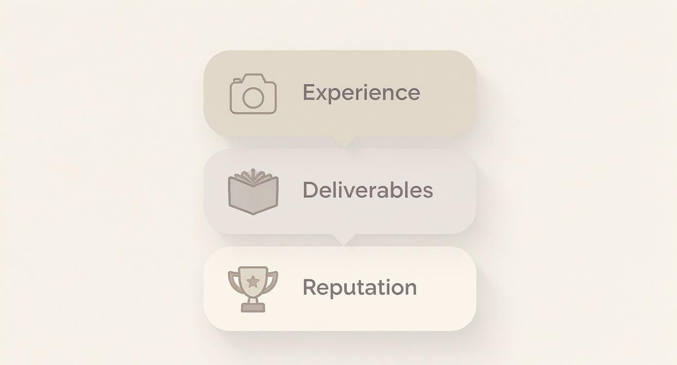 Three cards with icons and text: Experience (camera), Deliverables (book), and Reputation (trophy).