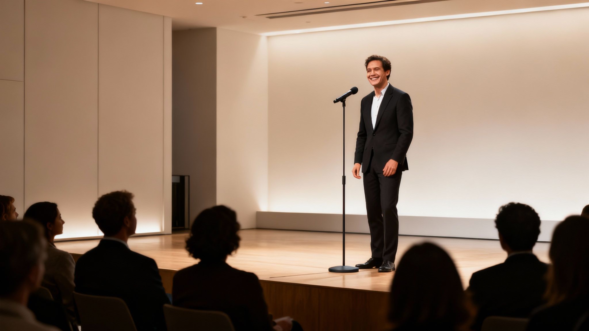 A smiling male presenter in a suit speaks into a microphone on stage to an attentive audience.
