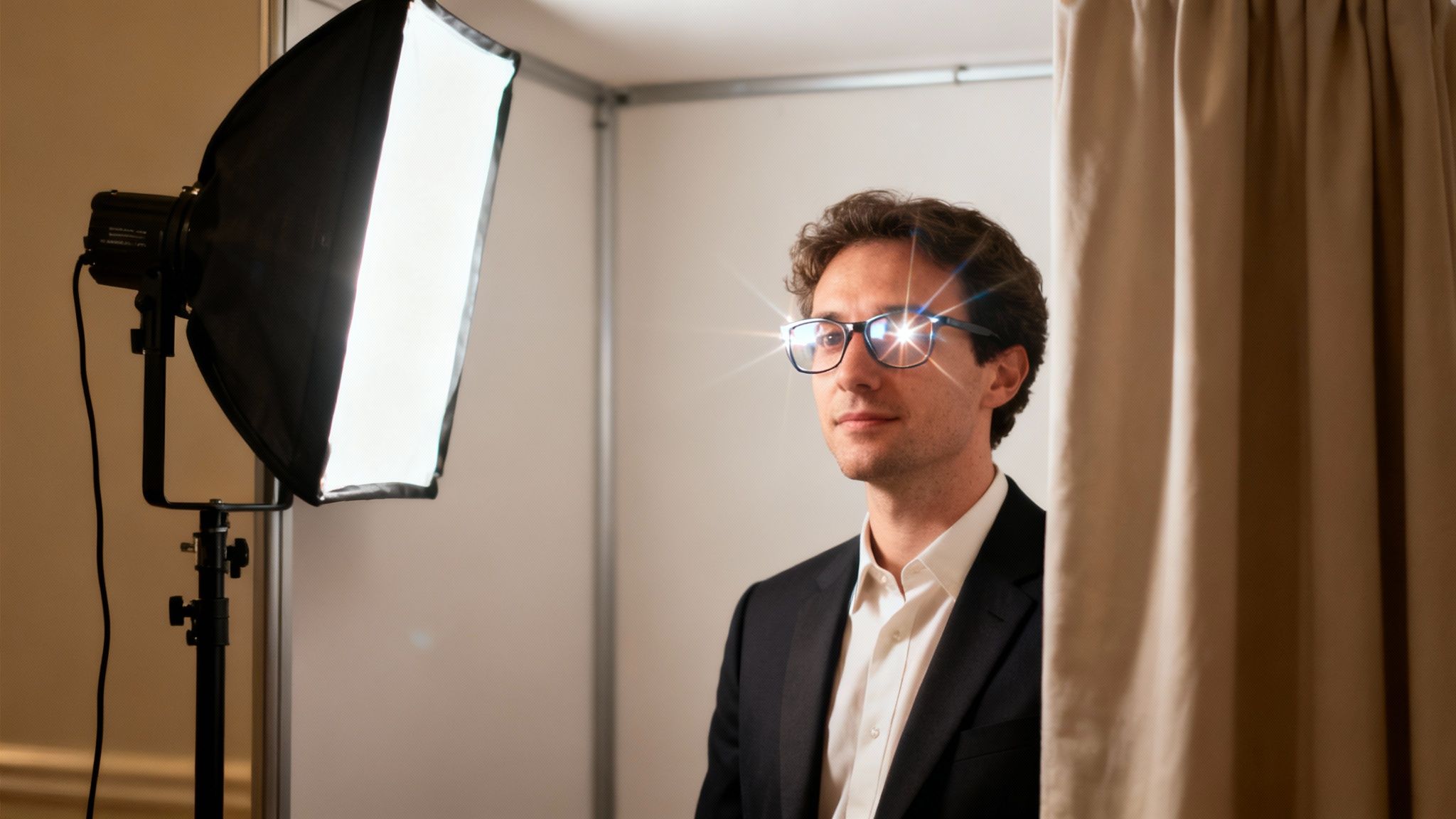 A person adjusting a photo booth light to solve a shadow issue.