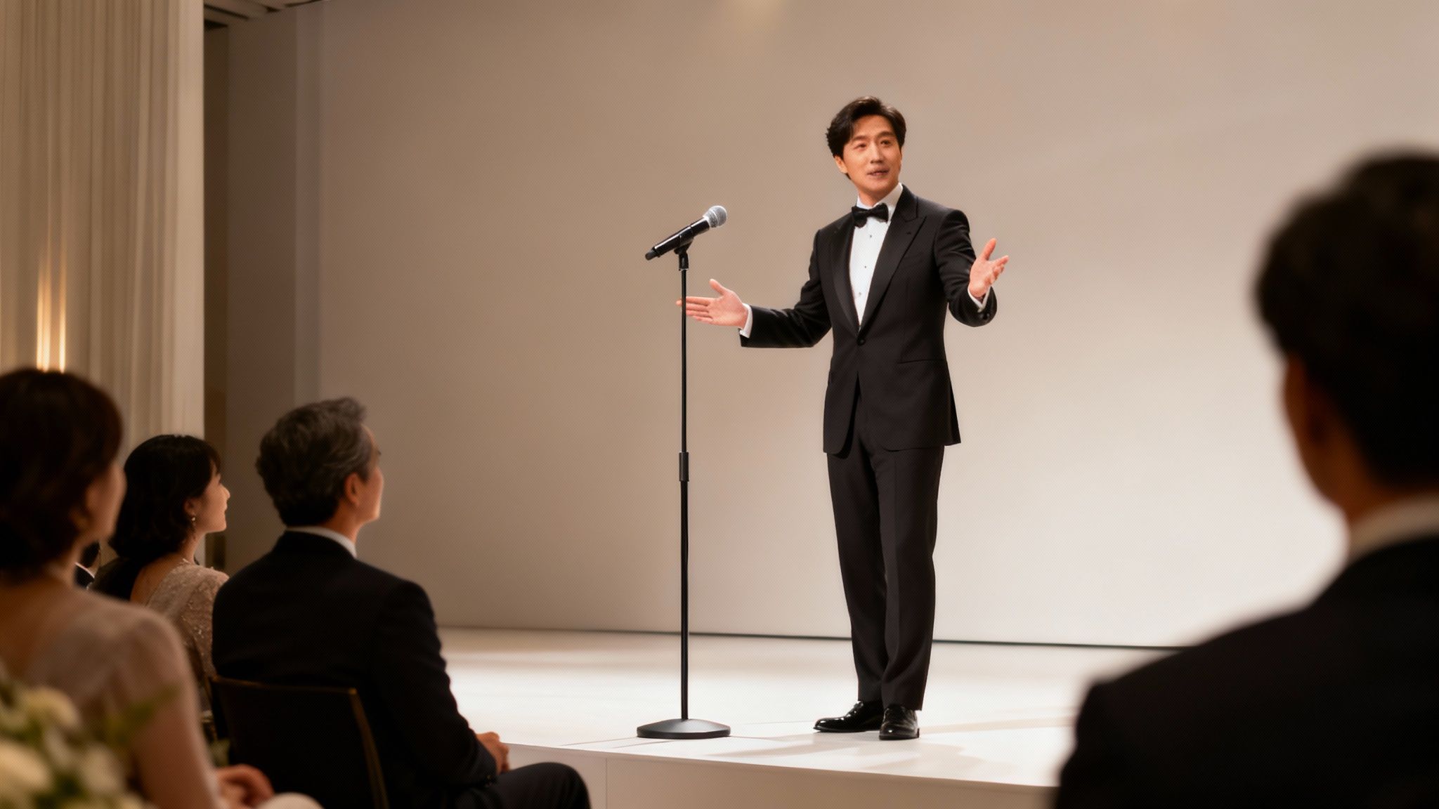 A male master of ceremonies in a tuxedo speaks into a microphone on a stage to an audience.