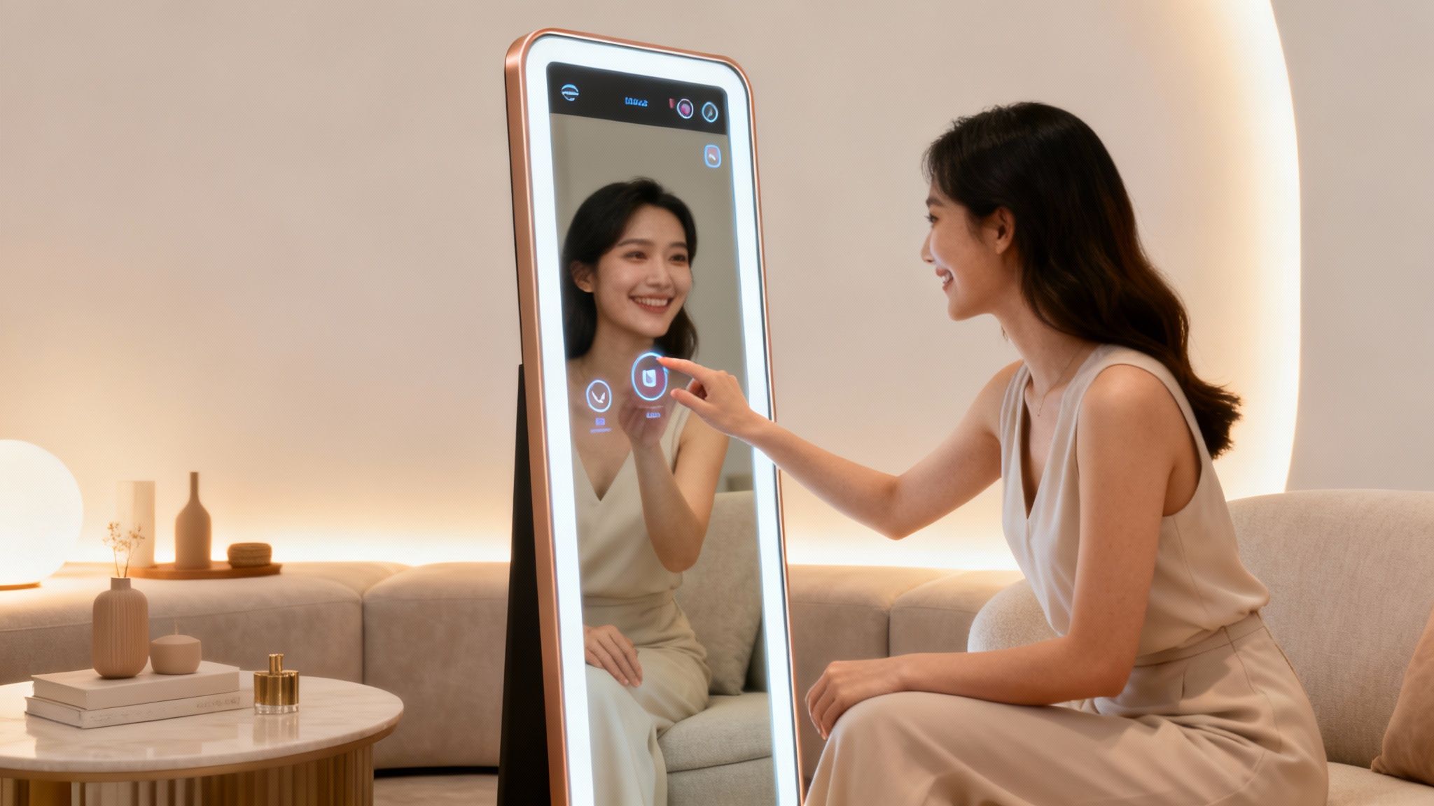 A smiling young woman interacts with a smart mirror, touching icons on its screen in a cozy living room.