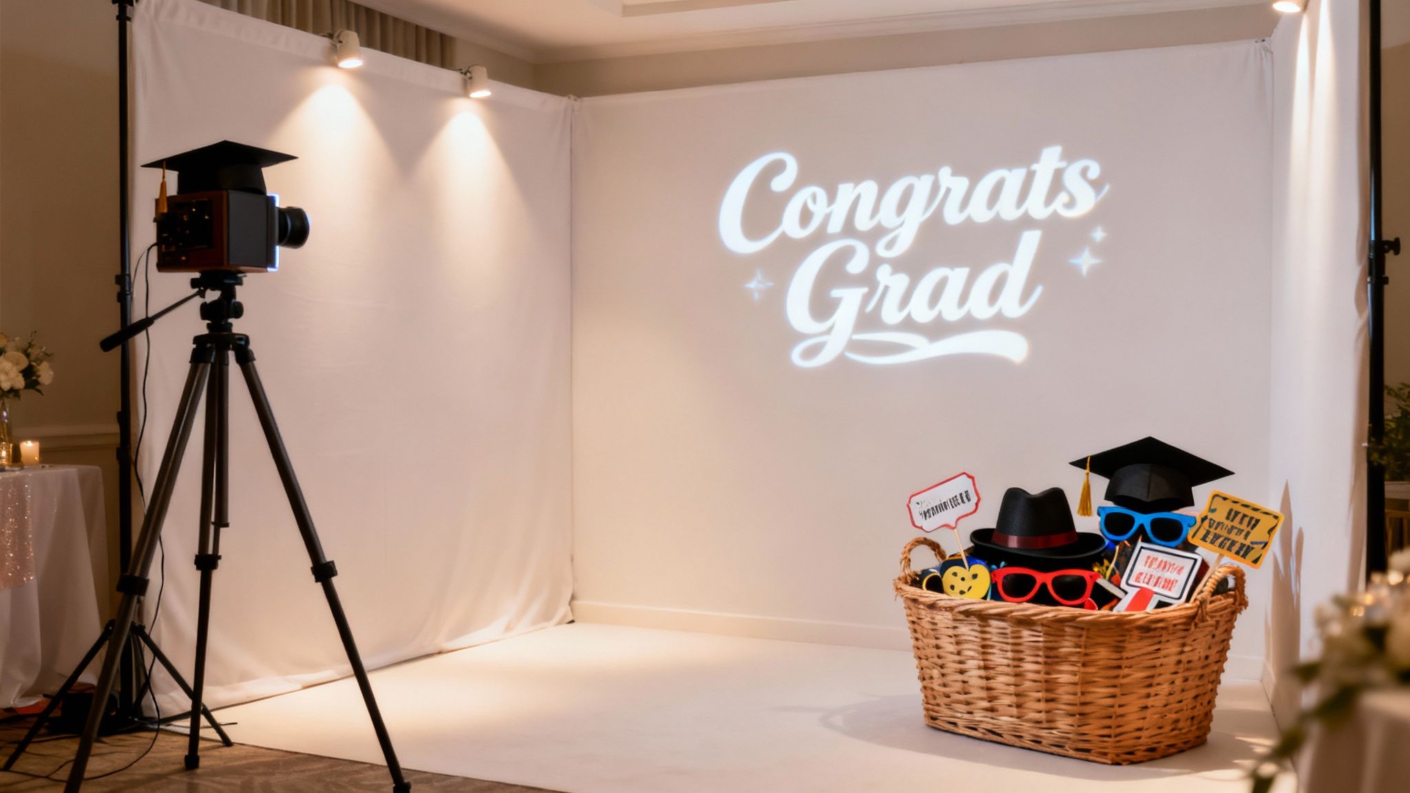 A photo booth at a graduation party with a camera, a projected 'Congrats Grad' message, and fun props.