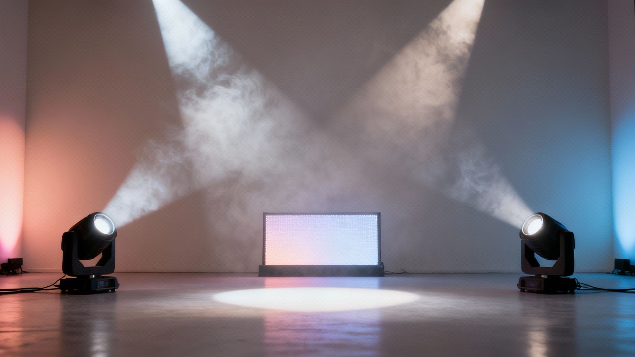 Two moving head stage lights illuminate a room with an LED screen and atmospheric smoke.