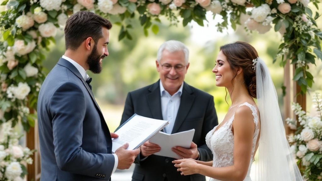 Image of a couple getting married with an officiant