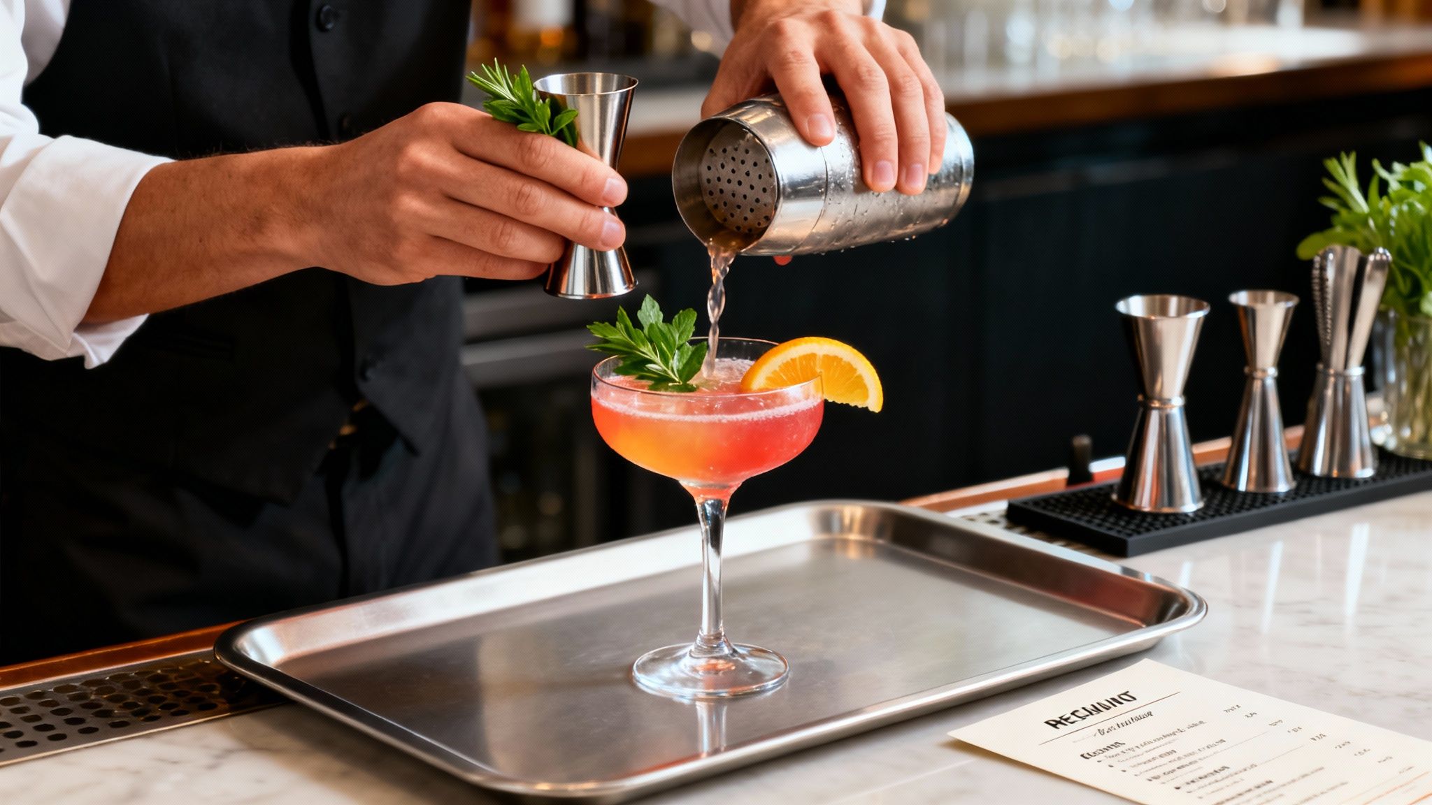 A bartender expertly pours a vibrant cocktail from a shaker into a glass, garnished with mint and an orange slice.