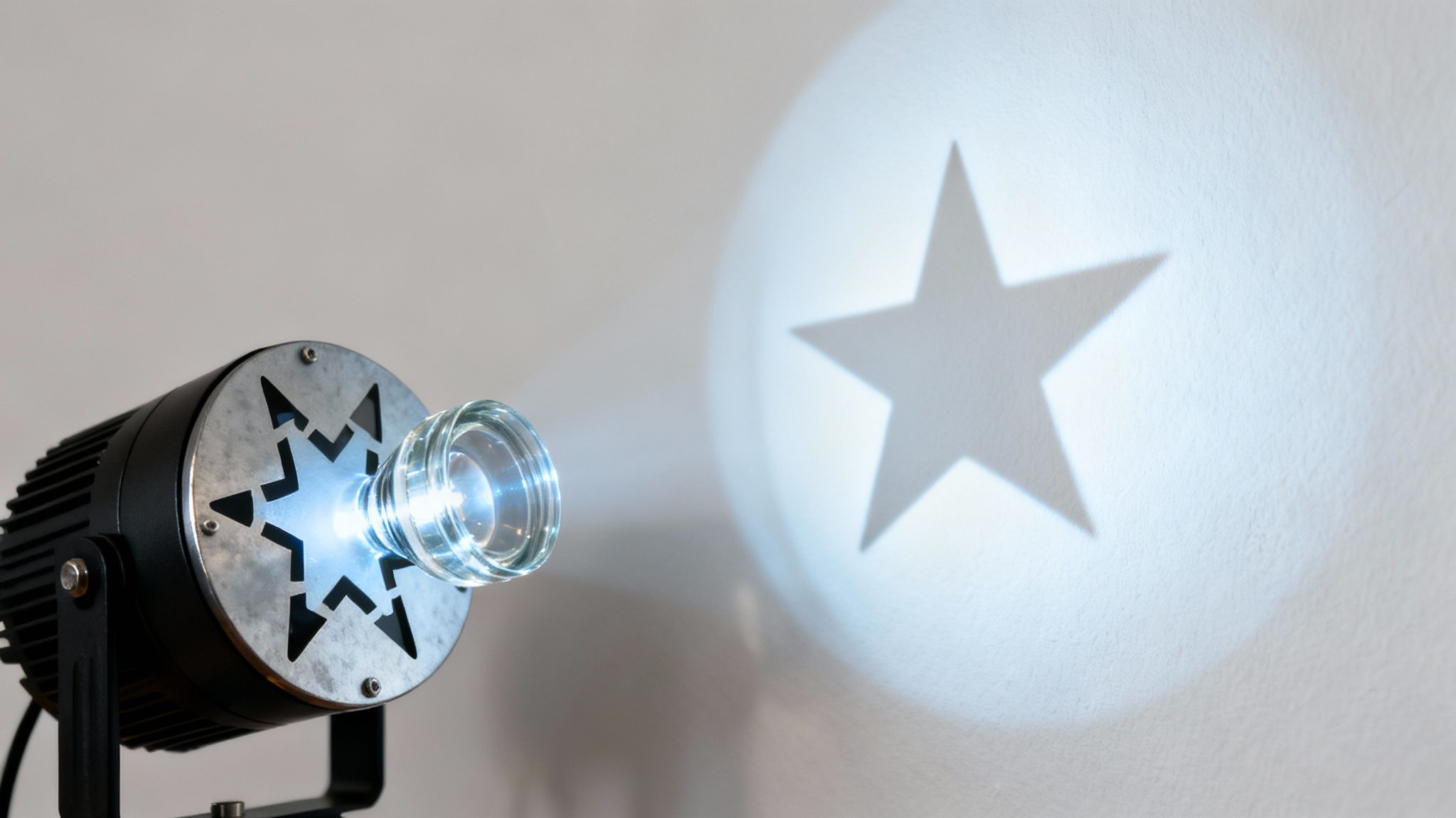 A gobo projector with star cutouts casts a bright star shape onto a light wall.