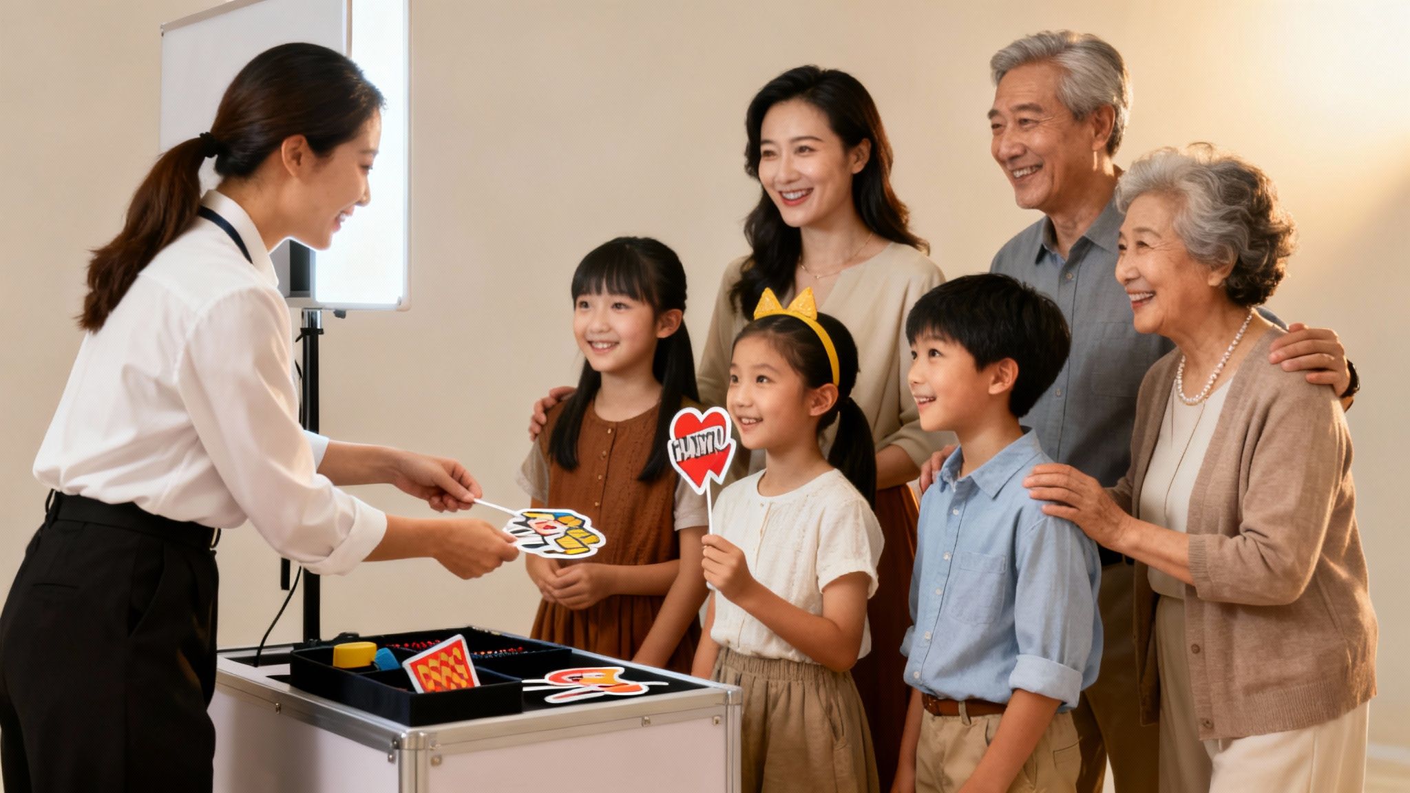 A multi-generational Asian family smiles and poses at a photo booth, holding props.