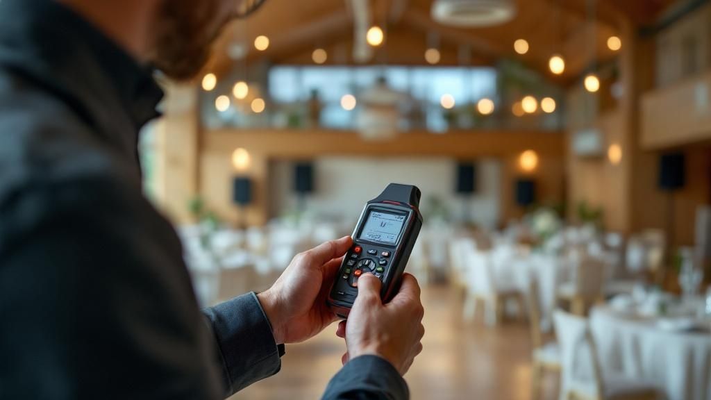 A detailed rental contract for a wedding sound system rental being reviewed by a couple.