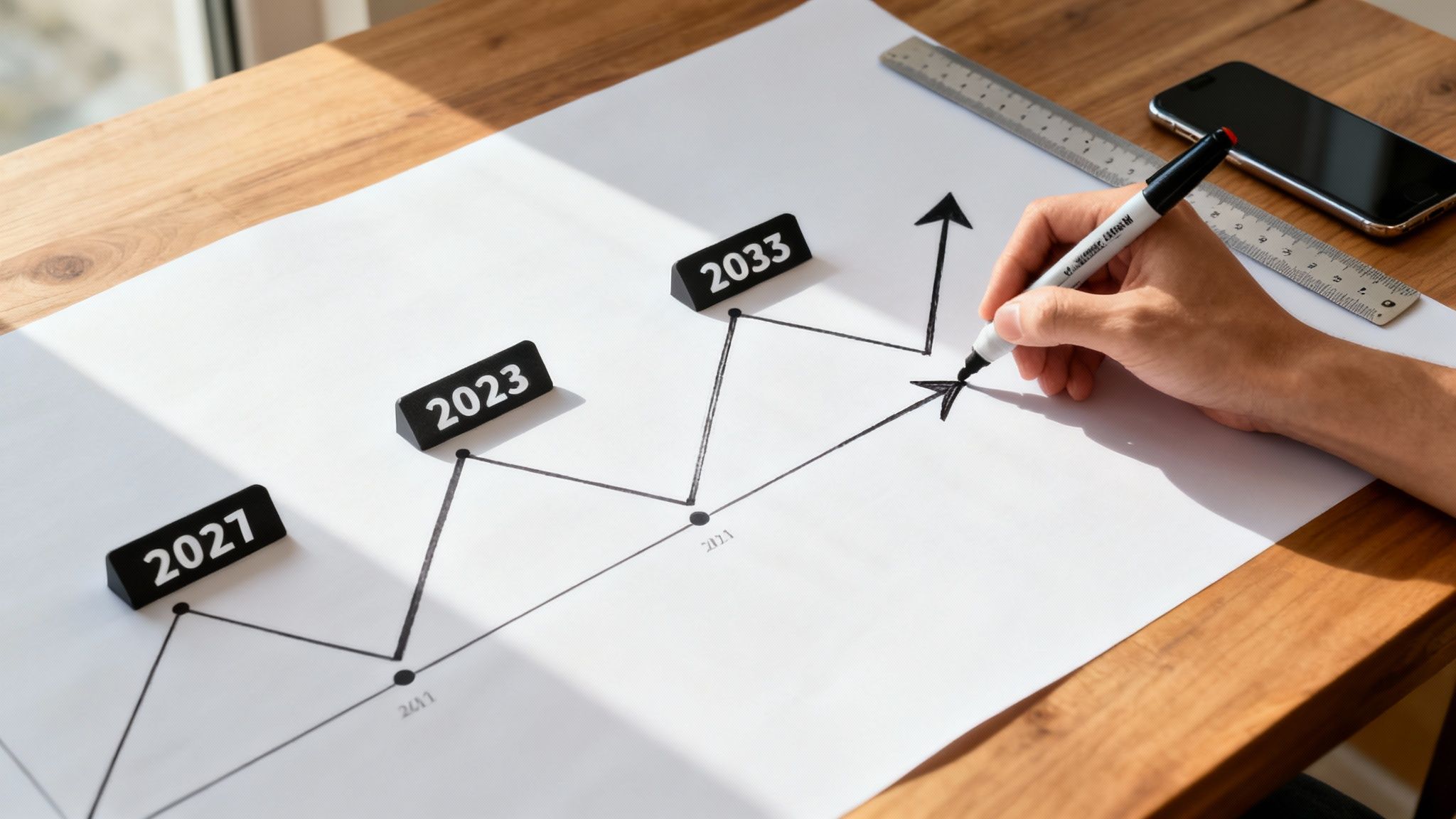 Hand drawing an upward trend line on a paper with years 2023, 2027, 2033, symbolizing growth.