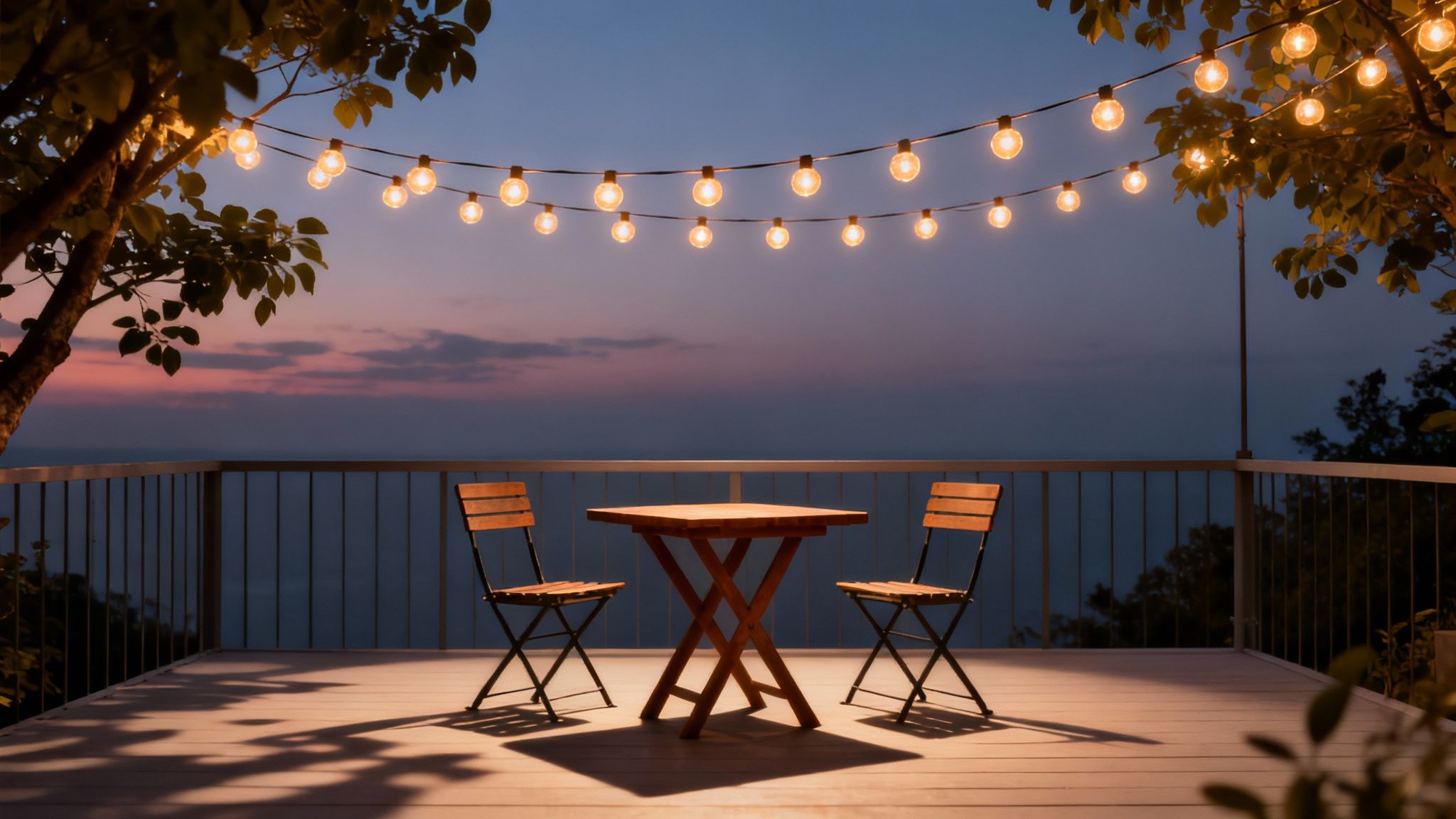A cozy balcony at dusk with string lights, a table, and two chairs, overlooking a peaceful ocean and colorful sky.