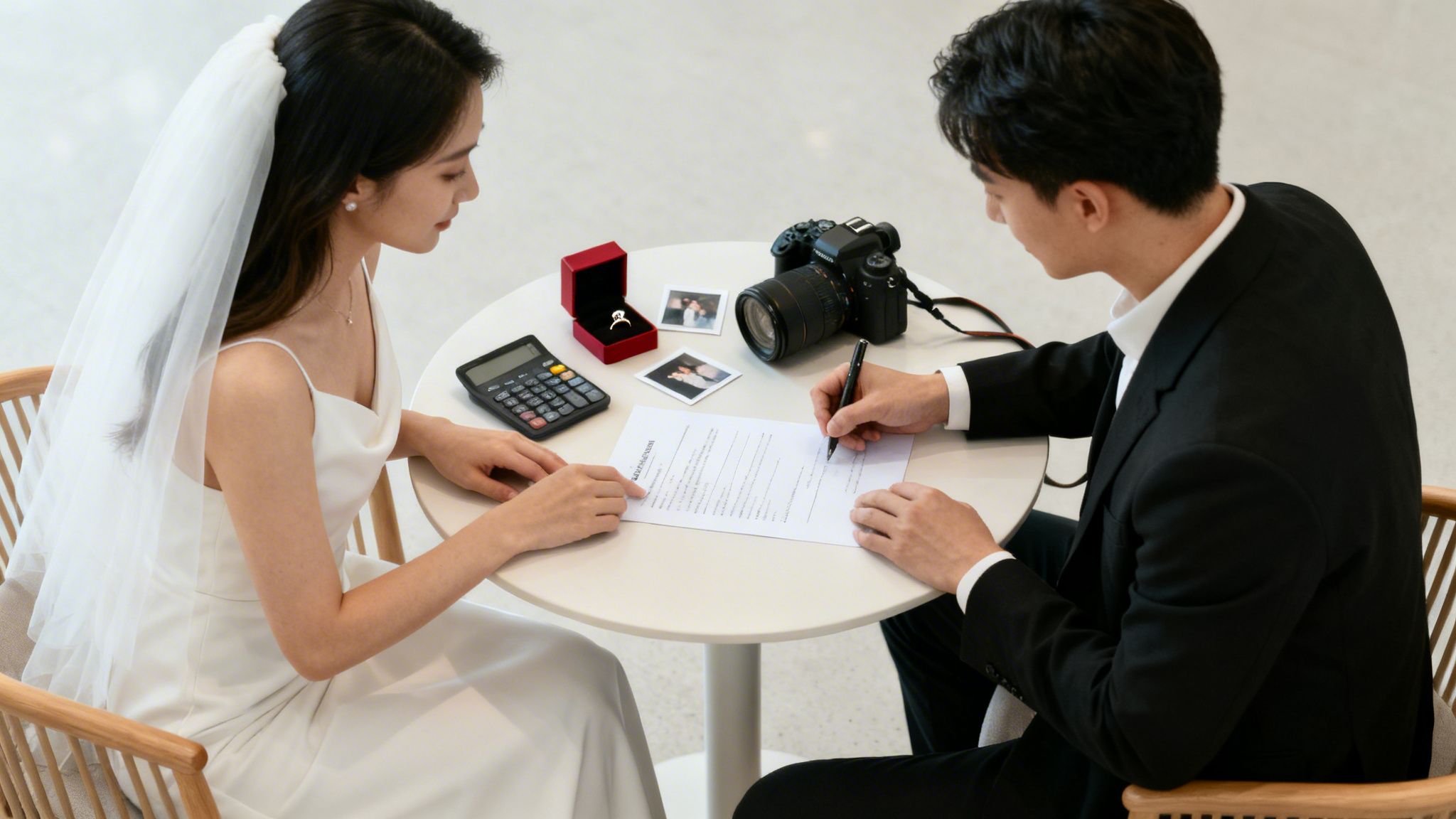 A bride and groom sign a wedding document, with a calculator, ring, and camera on the table.