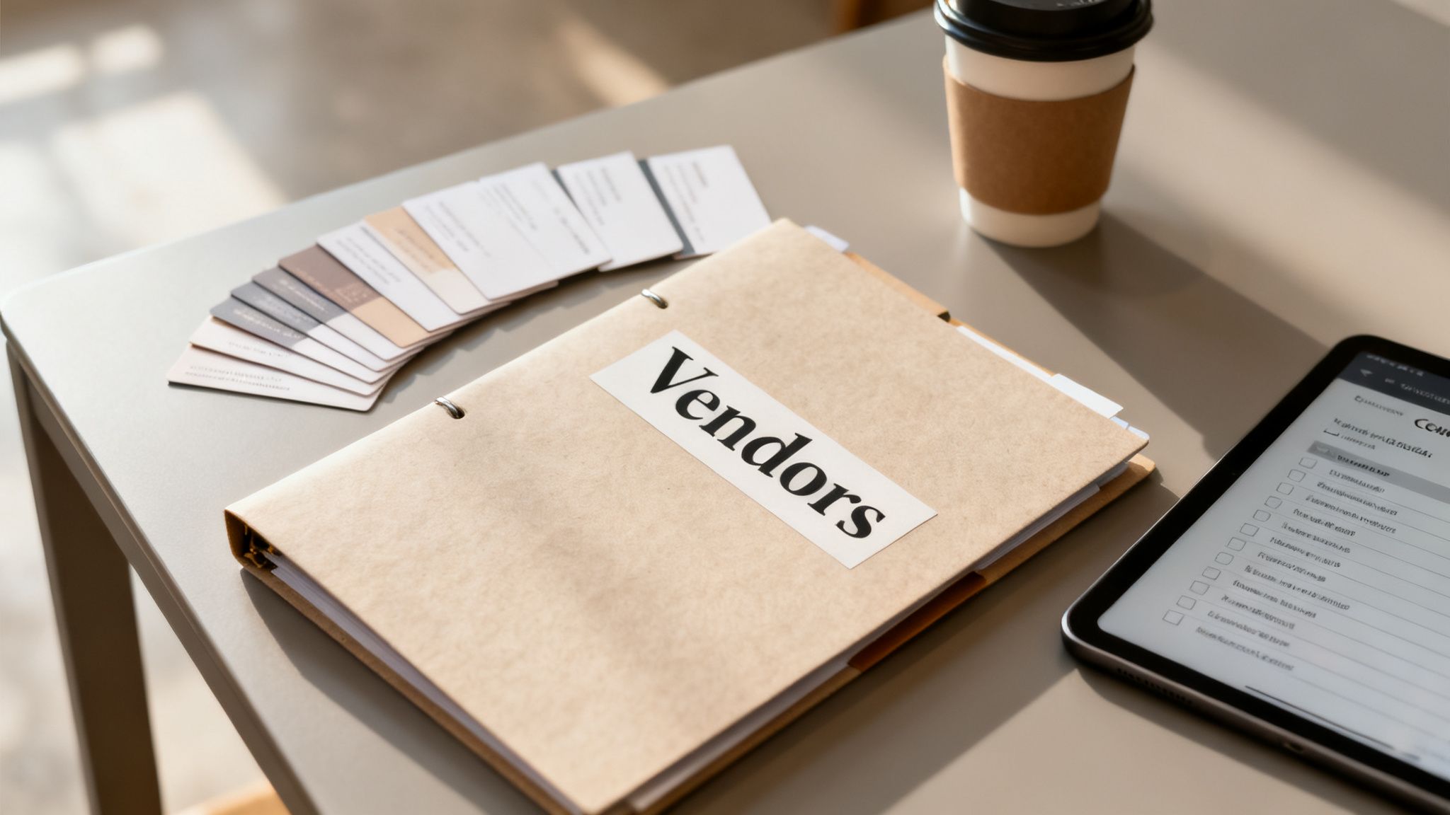 A brown binder labeled 'Vendors' on a desk with color swatches, coffee, and a tablet.