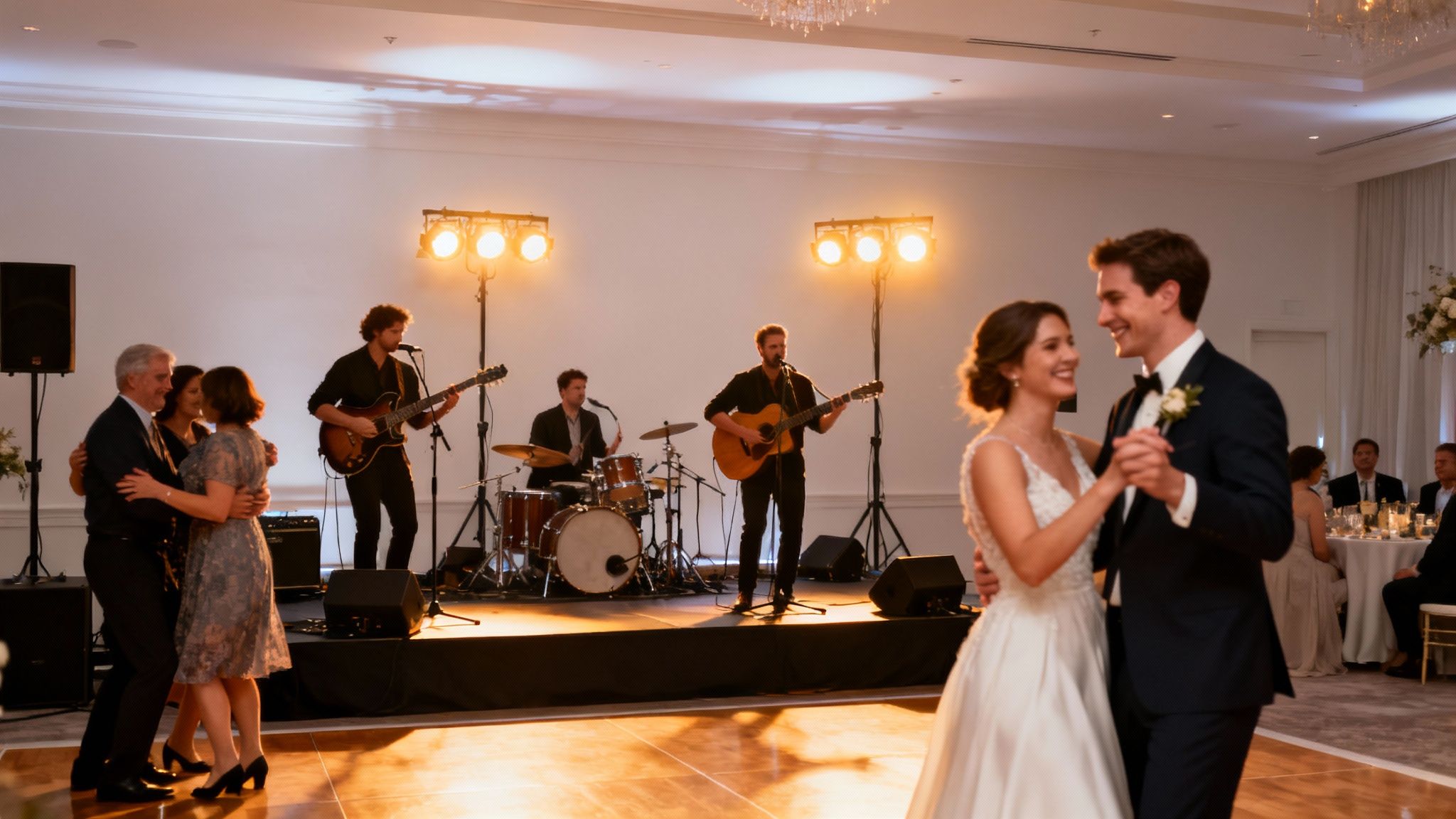 A live band performing on a brightly lit stage at a wedding reception