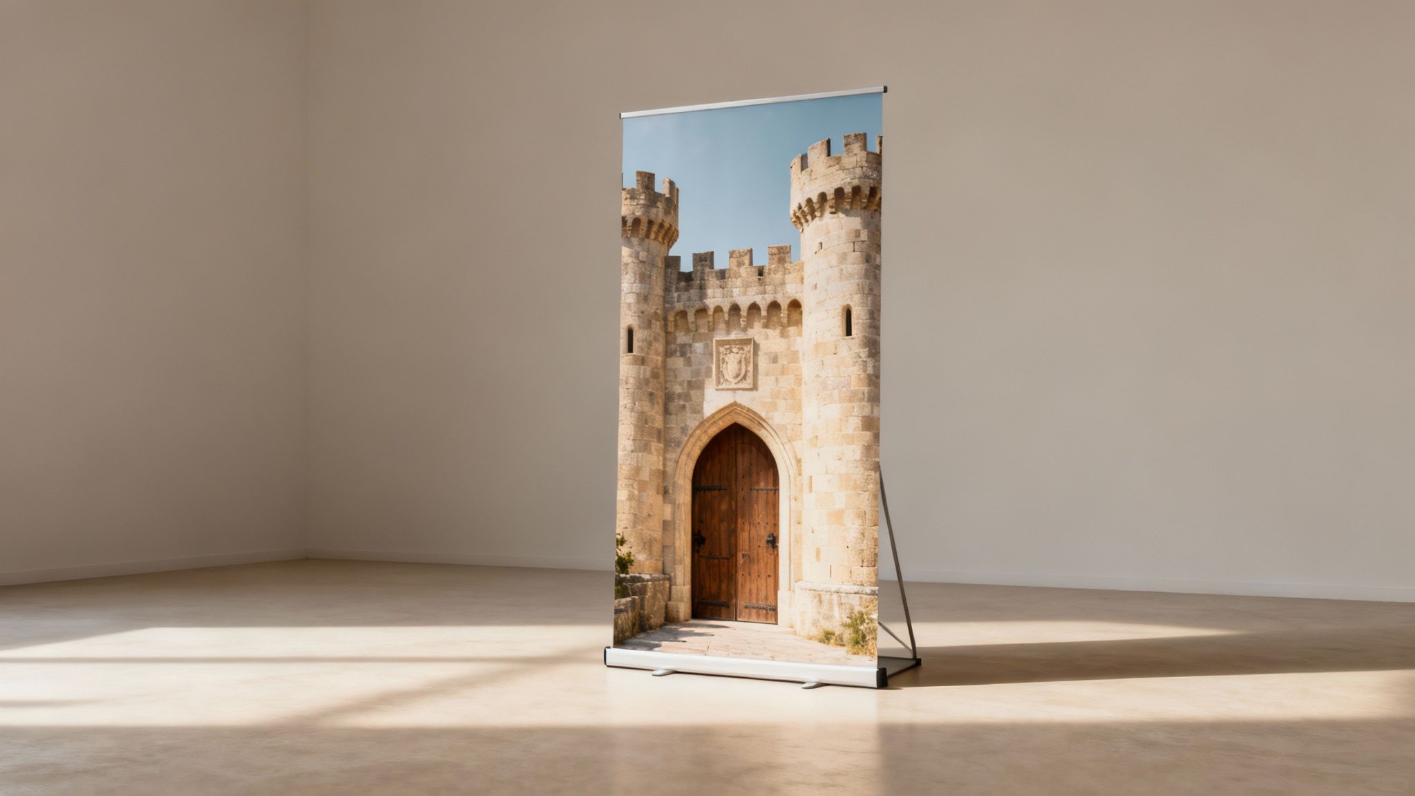 A pull-up banner displaying a stone castle gate with two towers, standing in an empty room with sunlight.