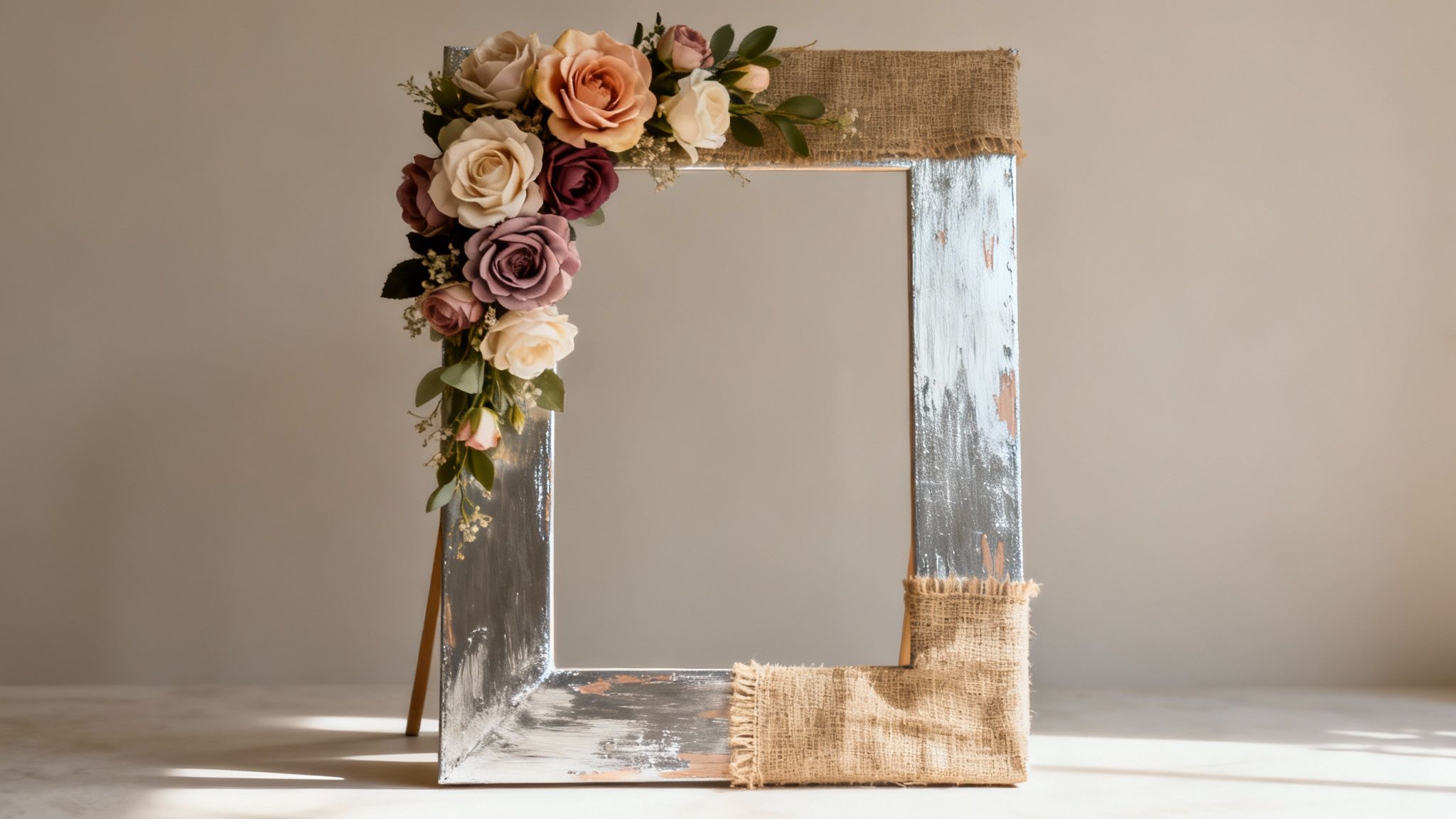 A close-up shot of a DIY photo booth frame decorated with colorful flowers and ribbons.