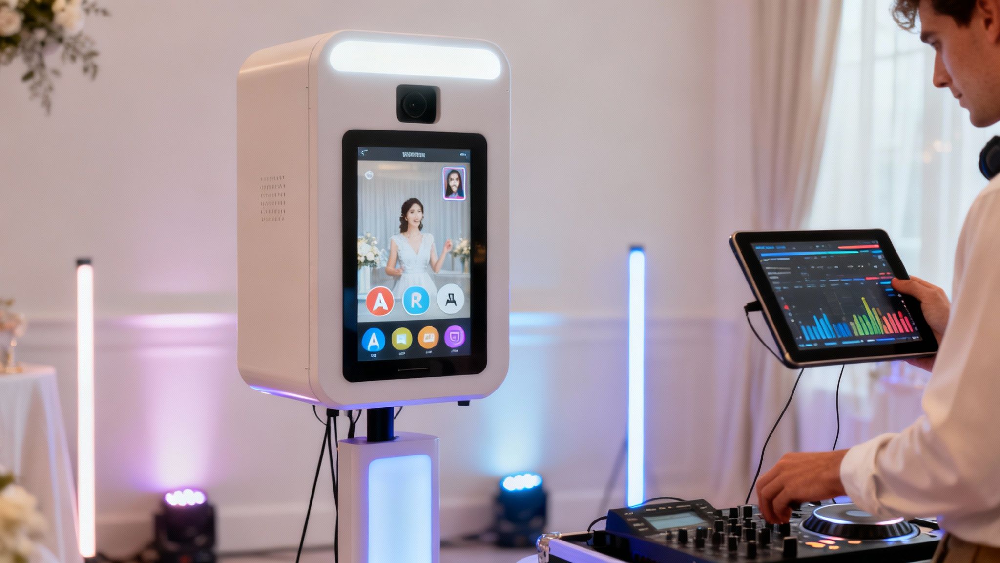 A guest interacting with a futuristic photo booth featuring augmented reality filters.