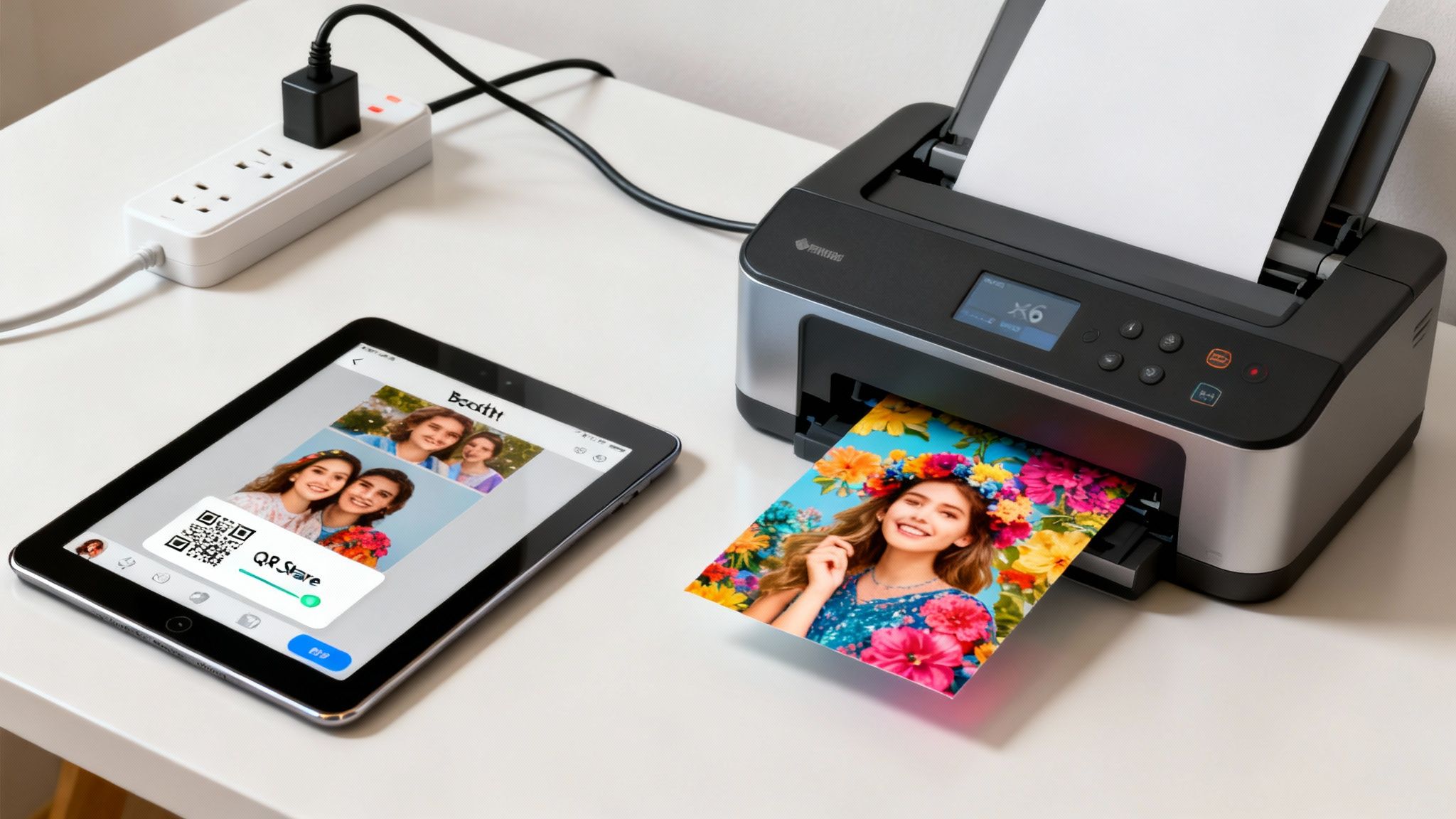 Tablet displaying photo booth app printing colorful portrait photos on wireless printer