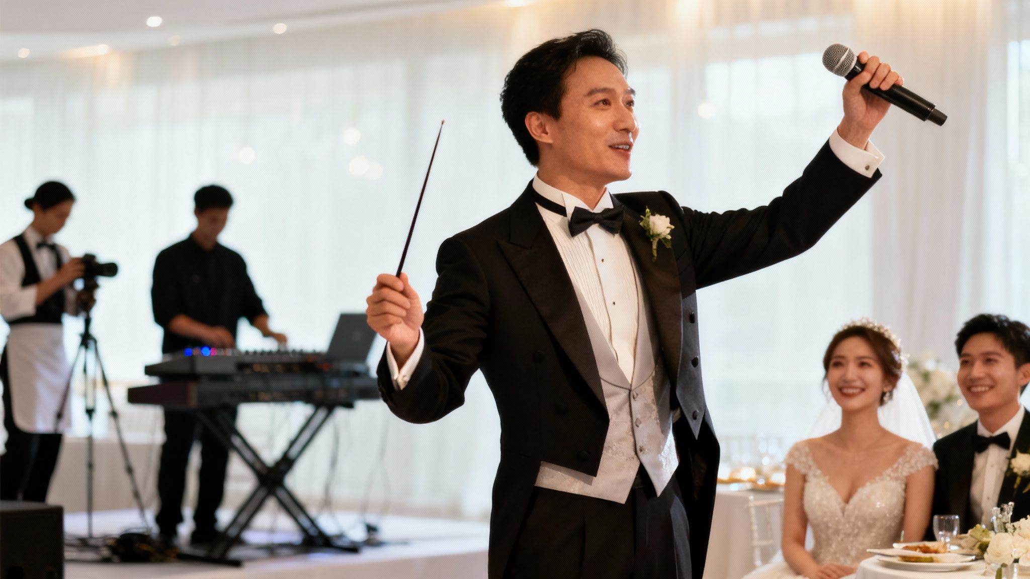 A male wedding MC in a tuxedo speaks into a microphone, while a smiling bride and groom sit at their table.