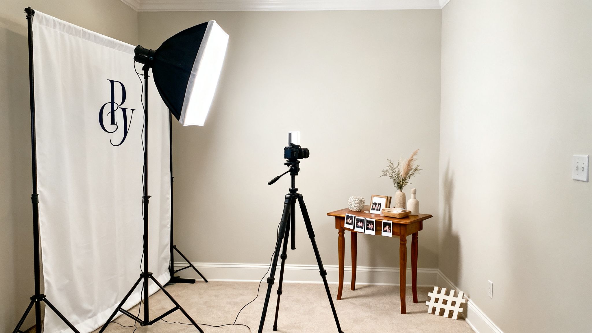 Home photography studio setup with camera, lighting, white backdrop, and a decorative table with party props.